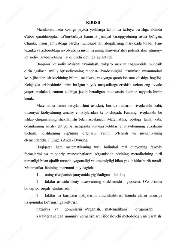 riya va qonunlar ko‘rinishiga keltirish; nazariya va qonunlarni o‘rganish, matematikani o‘rganishni xarakterlaydigan umumiy yo‘nalishlarni ifodalovchi metodologiyani yaratish bu elementlar doimo o‘zaro aloqadorlikda va rivojlanishdadir.ana shu aloqadorlikni va rivojlanishni o‘rganish bizlar qanday tarixiy davrga olib borishni aniqlash ro‘yobga kelish sabablarini aniqlash - aynan mana shu matematika tarixining predmetini ifodalaydi. shuning uchun matematika tarixi - matematikaning rivojlanishining qonunlarini o‘rganuvchi fandir. yuqoridagi aytilganlarga asosan matematika tarixi quyidagi masalalarni hal qilishi kerak. birinchidan - matematikani fan sifatida rivojlanishining haqiqiy mazmuni yoritilishini. bularda matematikaning metodlari, tushunchalari va fikrlari qanday paydo bo‘lganligi, ayrim matematik nazariyalar tarixan qanday dunyoga kelgani yoritilishini. xalqlarda ma'lum tarixiy davrlarda matematikani rivojlanishini xarakteri va xususiyatlarini aniqlashni barcha zamondagi ulug‘ olimlarning qo‘shgan hissalarini yoritishni hal qilish. ikkinchidan - matematika tarixi matematikani turli-tuman aloqalarini ochishi; jumladan; matematikani odamlarning amaliy ehtiyojlari va faoliyatlari bilan aloqasini, boshqa fanlar rivojlanishi bilan aloqasini ochish, jamiyatning sotsial va iqtisodiy strukturasiga va sinfiy kurashlarga ta'sirini ochish, xalqlarning olim individining, olimlar …