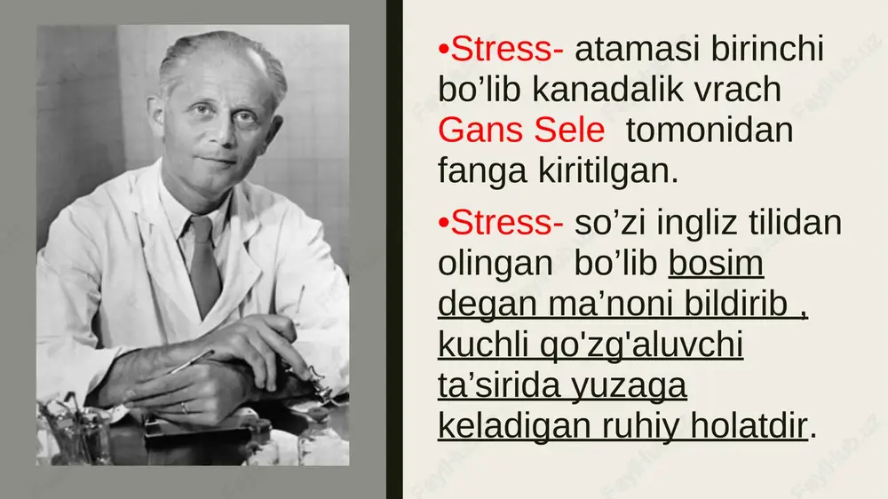 keltirib chiqarishi mumkin. stress inson tanasining deyarli barcha a’zolariga ta’sir qiladi. stressning butun tanna a’zolarga ta’siri. asab tizimi. asab tizimining faolligi tufayli organizmingizda adrenalin va kortizol nomli gormonlar ishlab chiqariladi. oqibatda yurak tez ura boshlaydi, qon bosimi hamda qondagi glyukoza miqdori oshadi. bular esa xavf-xatarga tezda reaksiya qilishingizga imkon beradi. kuchli stress quyidagilarga olib keladi: jizzakilik, tashvishlanish, depressiya, bosh og‘rig‘i, uyqusizlik. suyak-mushak tizimi sizni zarardan himoyalash uchun mushaklaringiz taranglashadi. kuchli stress quyidagilarga olib keladi: tanadagi og‘riqlar, zo‘riqish bosh og‘rig‘i, mushaklar tortishib qolishi. nafas tizimi ko‘proq havo olish uchun tez-tez nafas olasiz. kuchli stress quyidagilarga olib keladi: o‘pkaning giperventilyatsiyasi va hansirash, shuningdek, moyilligi bor kishilarda vahimaga tushish holatlari kuzatiladi stress psixologik qarashlar va izlanishlar natijasida 2 xil turga bo’lingan: - eustress (foydali stress) - distress (zararli stress) relaksion (yumshatish, ko'zlarni yumgan holda chuqur nafas olish) mashq bajarish. o’tkazish tartibi : sokin musiqa ostida, sokin xolatda, xaftada 1 – 2 marta, 10 …