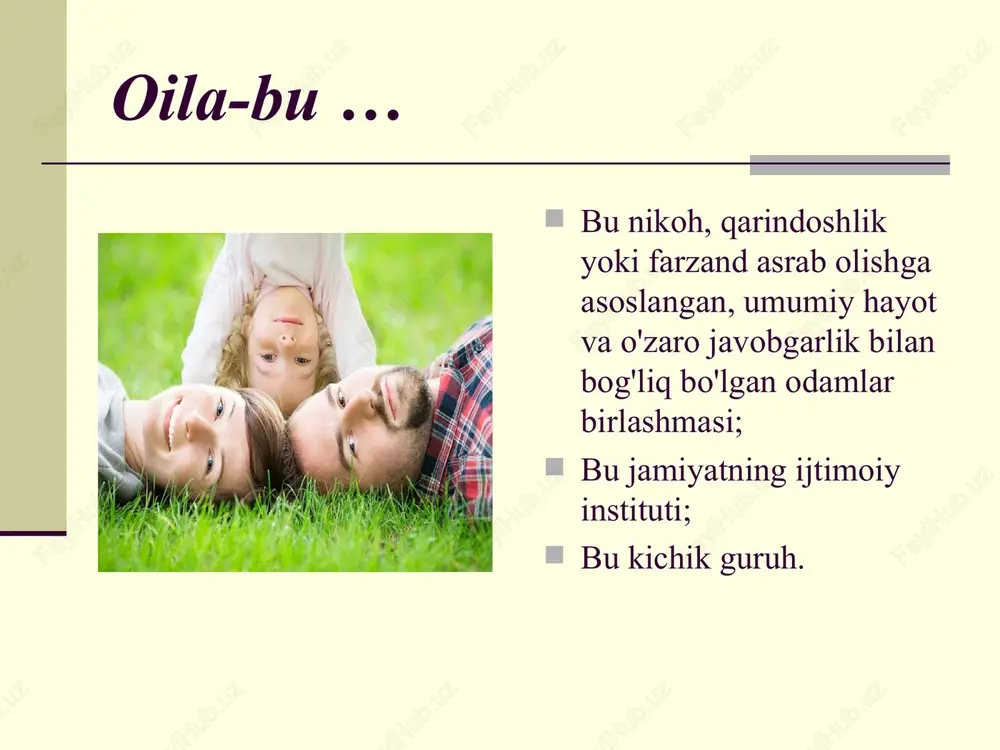 olali erkak farzandsiz ayolga uylanadi; ikkalasi ham-erkak ham, ayol ham turmush qurgan, oldingi sheriklaridan farzandlari bor. oilaviy stress-bu oilaning hayoti davomida u yoki bu tarzda yuzaga keladigan salbiy tashqi yoki oilaviy omillarga reaktsiya. oilaviy stresslar turli yo'llar bilan yuzaga kelishi va turli darajadagi intensivlikka ega bo'lishi mumkin. oila oldida yuzaga keladigan va uning hayotiga tahdid soladigan ko'plab qiyinchiliklar ta'sir kuchi va davomiyligi bo'yicha o'tkir va surunkali bo'linadi. oilaviy stress - bu oilada mavjud bo'lgan yoki oilaga nisbatan qabul qilingan talablar (tahdid, yo'qotish shaklida) va oilaning n - mi bilan kurashish qobiliyati o'rtasidagi muvozanat sifatida yuzaga keladigan holat. odatda, bu holat stress omillari yoki oilaviy tizimga salbiy ta'sir ko'rsatadigan hayotiy voqealar ta'siridan kelib chiqadi. stress omillari mo-gut butun oilaga yoki uning bir qismiga (masalan, "er – xotin" yoki "ona – bola" diadasi), shuningdek, alohida oila a'zolariga ta'sir qilish. asosiy stress omillari: 1) travma (falokat, baxtsiz hodisa) - qisqa, ammo kuchli hodisa, …