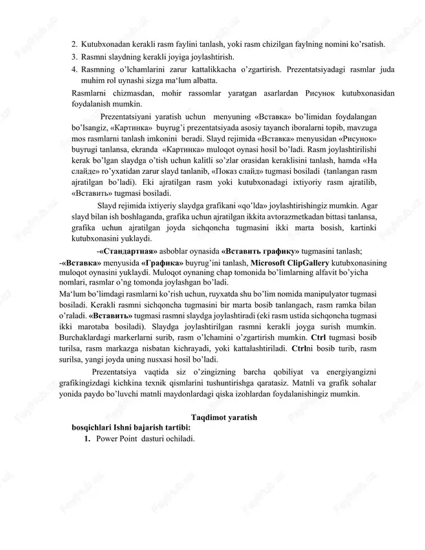 ubxonasidan foydalanish mumkin. prezentatsiyani yaratish uchun menyuning «vstavka» bo’limidan foydalangan bo’lsangiz, «kartinka» buyrug’i prezentatsiyada asosiy tayanch iboralarni topib, mavzuga mos rasmlarni tanlash imkonini beradi. slayd rejimida «vstavka» menyusidan «risunok» buyrugi tanlansa, ekranda «kartinka» muloqot oynasi hosil bo’ladi. rasm joylashtirilishi kerak bo’lgan slaydga o’tish uchun kalitli so’zlar orasidan keraklisini tanlash, hamda «na slayde» ro’yxatidan zarur slayd tanlanib, «pokaz slayd» tugmasi bosiladi (tanlangan rasm ajratilgan bo’ladi). eki ajratilgan rasm yoki kutubxonadagi ixtiyoriy rasm ajratilib, «vstavit» tugmasi bosiladi. slayd rejimida ixtiyeriy slaydga grafikani «qo’lda» joylashtirishingiz mumkin. agar slayd bilan ish boshlaganda, grafika uchun ajratilgan ikkita avtorazmetkadan bittasi tanlansa, grafika uchun ajratilgan joyda sichqoncha tugmasini ikki marta bosish, kartinki kutubxonasini yuklaydi. -«standartnaya» asboblar oynasida «vstavit grafiku» tugmasini tanlash; -«vstavka» menyusida «grafika» buyrug’ini tanlash, microsoft clipgallery kutubxonasining muloqot oynasini yuklaydi. muloqot oynaning chap tomonida bo’limlarning alfavit bo’yicha nomlari, rasmlar o’ng tomonda joylashgan bo’ladi. ma‘lum bo’limdagi rasmlarni ko’rish uchun, ruyxatda shu bo’lim nomida manipulyator tugmasi bosiladi. …