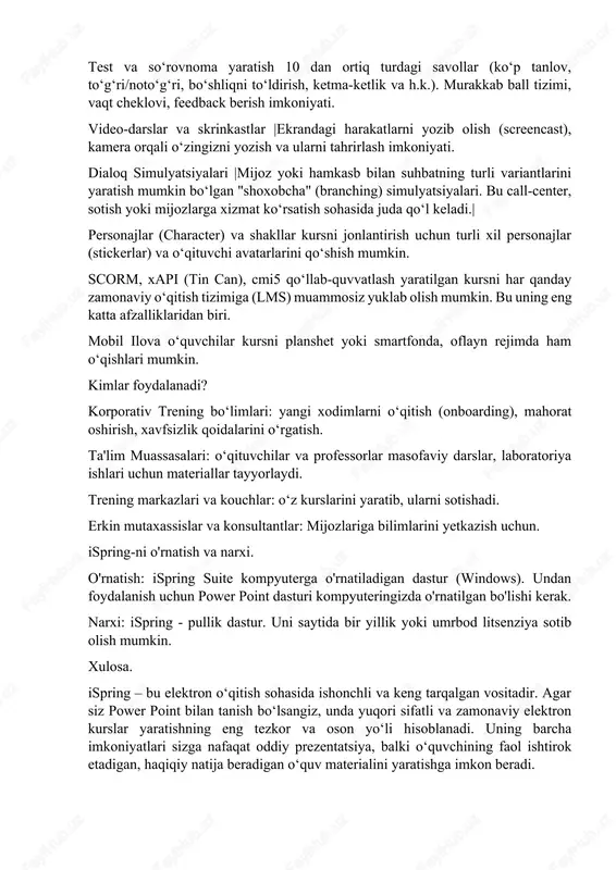 mumkin. test va so‘rovnoma yaratish 10 dan ortiq turdagi savollar (ko‘p tanlov, to‘g‘ri/noto‘g‘ri, bo‘shliqni to‘ldirish, ketma-ketlik va h.k.). murakkab ball tizimi, vaqt cheklovi, feedback berish imkoniyati. video-darslar va skrinkastlar |ekrandagi harakatlarni yozib olish (screencast), kamera orqali o‘zingizni yozish va ularni tahrirlash imkoniyati. dialoq simulyatsiyalari |mijoz yoki hamkasb bilan suhbatning turli variantlarini yaratish mumkin bo‘lgan "shoxobcha" (branching) simulyatsiyalari. bu call-center, sotish yoki mijozlarga xizmat ko‘rsatish sohasida juda qo‘l keladi.| personajlar (character) va shakllar kursni jonlantirish uchun turli xil personajlar (stickerlar) va o‘qituvchi avatarlarini qo‘shish mumkin. scorm, xapi (tin can), cmi5 qo‘llab-quvvatlash yaratilgan kursni har qanday zamonaviy o‘qitish tizimiga (lms) muammosiz yuklab olish mumkin. bu uning eng katta afzalliklaridan biri. mobil ilova o‘quvchilar kursni planshet yoki smartfonda, oflayn rejimda ham o‘qishlari mumkin. kimlar foydalanadi? korporativ trening bo‘limlari: yangi xodimlarni o‘qitish (onboarding), mahorat oshirish, xavfsizlik qoidalarini o‘rgatish. ta'lim muassasalari: o‘qituvchilar va professorlar masofaviy darslar, laboratoriya ishlari uchun materiallar tayyorlaydi. trening markazlari va kouchlar: …