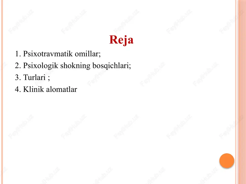 k, biror narsa qilishga yoki qilishga ojizlik tuyg'usini keltirib chiqaradi. shikastlanishga psixologik reaktsiya uchta nisbatan mustaqil bosqichni o'z ichiga oladi 1 faza psixologik shok bosqichi 2 faza bosqich ta'sir qilish 3 faza oddiy javob yoki shikastlanishning fiksatsiyasi va keyinchalik postresstrossal holatning surunkali holatga o'tishi . psixologik shok bosqichi psixologik shok fazasi ikkita asosiy komponentni o'z ichiga oladi: faoliyatni inhibe qilish, atrof-muhitga yo'nalishni buzish, faoliyatni tartibsizlashtirish; nima bo'lganini inkor etish (psixikaning o'ziga xos himoya reaktsiyasi). odatda, bu bosqich juda qisqa muddatli. ta’sir qilish bosqichi bosqich ta'sir qilish-voqea va uning oqibatlariga aniq hissiy reaktsiyalar bilan tavsiflanadi. bu kuchli qo'rquv, dahshat, tashvish, g'azab, yig'lash, ayblash - namoyon bo'lishning tezkorligi va o'ta intensivligi bilan ajralib turadigan his-tuyg'ular bo'lishi mumkin. asta-sekin, bu his-tuyg'ular tanqid yoki o'z-o'zidan shubhalanish reaktsiyasi bilan almashtiriladi. “ u " agar nima bo'lar edi... va sodir bo'lgan voqealarning muqarrarligini og'riqli anglash, o'z kuchsizligini tan olish va o'z-o'zini o'ldirish bilan birga keladi.. adabiyotda …