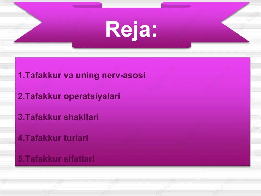 fakkur – bu mavhum tafakkur bo’lib, so’zlar, so’zda ifodalangan bilim, g’oya va tushunchalarga tayangan holda bevosita idrokimiz doirasida bo’lmagan narsalar yuzasidan chiqargan hukmlarimiz, mulohazalarimiz bu tafakkurga misol bo’la oladi. tafakkur turlari... fikrlashimizning yana bir turi reproduktiv bo’lib, uning mohiyati – ko’rgan-bilgan narsamizni aynan qanday bo’lsa, shundayligicha, o’zgarishsiz qaytarish va shu asosda fikrlashga asoslanadi. undan farqli produktiv yoki ijodiy tafakkur – fikrlash elementlariga yangilik, noyoblik, qaytarilmaslik qo’shilgandagi tafakkurni nazarda tutadi. shunga bog’liq bo’lgan konvergent fikrlash masalaning yechimi faqat bitta bo’lgandagi fikrlashni nazarda tutsa, divergent tafakkur – fikrning shunday turiki, u shaxsga bir muammo yoki masala yuzasidan birdaniga bir nechta yechimlar paydo bo’lishini taqozo etadi. aynan ana shunday ijodiy tafakkur divergent shaklda bo’lsa, u ijodiy parvoz, yangiliklarni kashf etishga asos bo’ladi. – shundayki, u go’yoki yo’q joyda bor qiladi, ya’ni oddiygina, jo’ngina narsalarga boshqacha, birovlarnikiga o’xshamagan tarzda fikrlashga imkon beradi. bunday tafakkur turi “hammaga o’xshab fikrlash” yoki shablonli, zerikarli fikr yuritishdan farq …