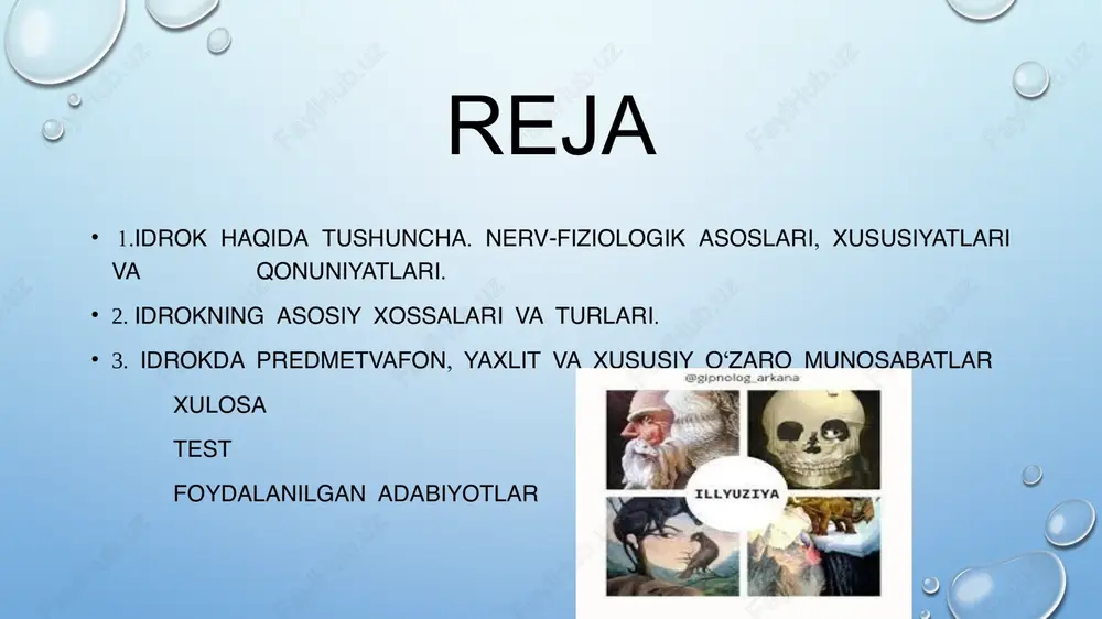 a, aksincha, bizga farqsiz bo‘lgan jismni sezmasligimiz ham mumkin. illyuziya nima? illyuziya (lot. illusio — yanglish tasavvur, yanglishish) — voqelikni notoʻgʻri, yanglish idrok etish. ikki xil illyuziya farq qilinadi: a) sezgi va idrokning muayyan qonunlari tufayli roʻy beradigan illyuziyalar. koʻpincha, narsa va hodisalarni yaxlit idrok qilish kishida yanglish tasavvur hosil etadi. masalan, ogʻirligi aynan teng, ammo kattaligi har xil boʻlgan ikki buyumni ketma-ket koʻtarib koʻrilsa, kattasi yengilroq, kichigi ogʻirroqdek tuyuladi. buning sababi shundaki, kishi hajmi kattaroq buyumning hajmi kichikroq buyumdan ogʻir ekanligini oʻz tajribasida doimo sinab kelgan, binobarin, hajmi har xil buyumlarni koʻz bilan idrok qilganda beixtiyor shu tajribasiga tayanib, kattaroq buyumlarni ushlaganida koʻproq zoʻr beradi, kichikroq buyumni qoʻliga olganda uncha zoʻr bermaydi. illyuziya xususiyatlarini bilish ulardan toʻgʻri foydalanish imkoniyatini beradi. masalan, toʻla kishilar uzunasiga yoʻl-yoʻl kiyim kiyishga harakat qiladilar. chunki bu xil kiyimlarda kishi illyuziya tufayli nisbatan ixcham boʻlib koʻrinadi. optik illyuziyadan tasviriy sanʼatda, meʼmorchilik va harbiy maskirovkada, bosmaxona …