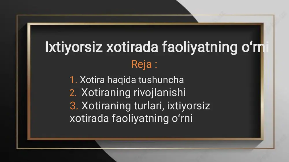 xotirani rivojlantirish go’daklik, kichkintoylar, bolalar va o’spirin davrlariga e’tiborni qaratadi, shu bilan birga kattalar va kattalardagi xotiraning rivojlanish progressiyasi ham xotira rivojlanishining soyaboni ostida saqlanadi. bolalarda xotiraning rivojlanishi bola hayotining dastlabki 3 yilida aniq yutuqlarga erishganligi sababli namoyon bo’ladi deklarativ xotira, rivojlanish jarayonida bolaning xotirasi. ushbu rivojlanish o’smirlik davrida davom etayotgan katta o’zgarishlar bilan davom etmoqda qisqa muddatli xotira, ishlaydigan xotira, uzoq muddatli xotira va avtobiografik xotira. kattalardagi xotiraning rivojlanishi ko’pincha salbiyroq ko’rinadi. ko’pchilik kattalar qisqa va uzoq muddatli xotirada xotirani yo’qotish belgilariga duch kelishadi, bu altsgeymerning yorqin namunasidir.� xotirani rivojlantirish bo’yicha so’nggi tadqiqotlar shuni ko’rsatdiki, deklarativ yoki aniq xotira hatto ikki yoshga to’lmagan chaqaloqlarda ham bo’lishi mumkin. masalan, 3 yoshga to’lmagan yangi tug’ilgan chaqaloqlar onasining ovoziga ustunlik berishini namoyon etishadi, natijada onaga kuchli va kuchli aloqaning ahamiyati katta. xotira turlari 1. koʻproq faoliyatda koʻrinadigan psixik aktivlik xarakteriga koʻra. 2. faoliyat maqsadi xarakteriga koʻra. 3. materialni qancha esda saqlash muddatiga …