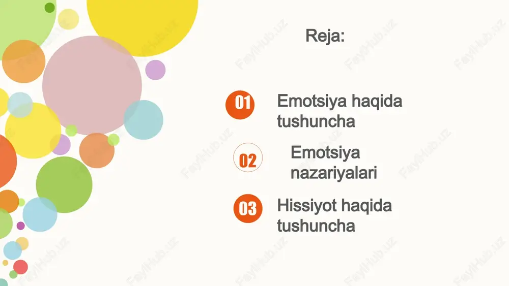 e. 01 your title turli emotsional holatlarda nafas olishning o`zgarishi (1 minutda): xursandlikda – 17 marta faol xafalikda – 9 marta qo`rqishda – 64 marta jahl chiqqanda – 44 marta a b d c your title add your words here,according to your need to draw the text box size. keyword add your words here,according to your need to draw the text box size. keyword add your words here,according to your need to draw the text box size. keyword add your words here,according to your need to draw the text box size. keyword 01 your title 03 inson xafa, ma’yus hissiy holat hukmronligida bo‘lsa, tengdoshlarining hazili, keksalarning pand-nasihatlari, maslahatlariga, quvnoq kayfiyat chog‘dagiga nisbatan, boshqacharoq munosabat bildiradi. 04 stress, psixologik ta’rifiga ko‘ra, affektiv holatga yaqin turadigan, lekin davomiyligiga ko‘ra kayfiyatga yaqin bo‘lgan his-tuyg‘ular boshdan kechirilishining alohida shakli bo‘lib, kuchli hayajonlanish (stress) holati (inglizcha «qtreqq»– tazyiq ko‘rsatish, zo‘riqish degan so‘zdan olingan)dan yoxud hissiy …