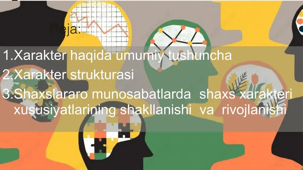 hi; ■xarakterning nutqda namoyon bo’lishi; ■ xarakterning odamnig tashqi ko’rinishida; ■ xarakterning turli vaziyatlarida namoyon bo'lishi. shaxsning munosabatlarini aks ettiruvchi xarakter xislatlarini 4 ta tizimga ajratish qonuniy holatga aylangan: jamoa va ayrim odamlarga bo`lgan munosabatlarini ifodalovchi xususiyatlar (yaxshilik, mehribonlik, talabchanlik, takabburlik va shu kabilar). mehnatga bo`lgan munosabatni ifodalovchi xususiyatlar: (mehnatsevarlik, yalqovlik, vijdonlilik, mehnatga mas`uliyat yoki mas`uliyatsizlik bilan munosabatda bo`lish kabilar). narsalarga bo`lgan munosabatni ifodalovchi xususiyatlar (ozodalik yoki ifloslik, narsalar bilan ayab yoki ayamasdan munosabatda bo`lish kabilar). odamning o`z - o`ziga bo`lgan munosabatini ifodalovchi xususiyatlar (izzat - nafslilik, shuhratparastlik, mag`rurlik, o`zini katta olish, kamtarlik kabilar). ishonch. ehtiyoj va qiziqishlar intellekt tushunish, tushuncha, mulohaza. iroda hissiyot temperament odam xarakterning strukturasi turli xususiyatlar va psixik protseslarning sintezidan iborat. bular: xarkter strukturasida shaxsning individual – psixologik xususiyatlarning hamda psixik protsesslarning namoyon bo’lish aktivligiga qarab quyidagi ijobiy xarakter xususiyatlarini ko’rsatish mumkin: xarakterning ma’naviy tarbiyalanganligi. xarakterning muvozanatlashganligi xarakterning aniqligi xarakterning ko’chi xarakterning qa’tiyligi xarakterning yaxlitligi xarakterning …