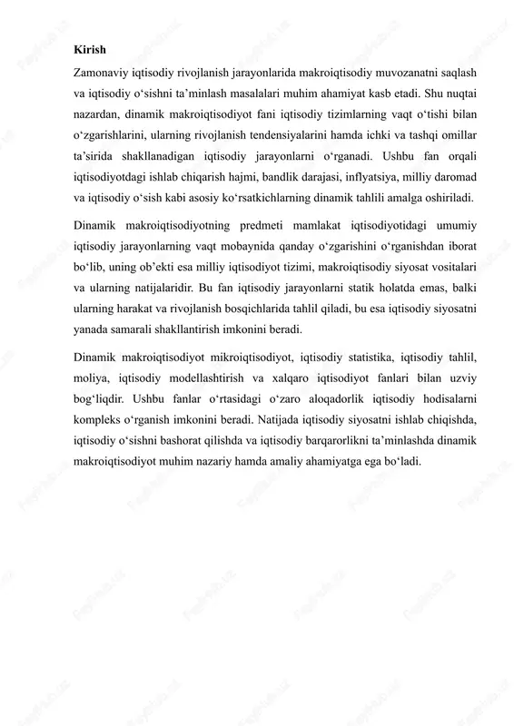 amonaviy iqtisodiy tahlil tizimining eng muhim yo‘nalishlaridan biri bo‘lib, iqtisodiy jarayonlarni vaqt omili bilan bog‘liq holda o‘rganishga qaratilgan. ushbu fan iqtisodiyotdagi makroko‘rsatkichlar o‘rtasidagi o‘zaro bog‘liqlikni, ularning vaqt mobaynida qanday o‘zgarishini va bu o‘zgarishlarga ichki hamda tashqi omillar qanday ta’sir ko‘rsatishini tahlil qiladi. dinamik makroiqtisodiyotning asosiy maqsadi — iqtisodiy tizimning rivojlanish qonuniyatlarini aniqlash, iqtisodiy o‘sishning barqarorligini ta’minlovchi omillarni aniqlash va iqtisodiy siyosatni ilmiy asosda shakllantirishdir. makroiqtisodiyotda “statik” va “dinamik” yondashuvlar mavjud bo‘lib, ularning farqi iqtisodiy hodisalarni vaqt o‘tishi bilan o‘zgarish nuqtai nazaridan tahlil qilishga borib taqaladi. statik makroiqtisodiyot iqtisodiy ko‘rsatkichlarning ma’lum bir davrdagi holatini o‘rganadi, ya’ni iqtisodiyotda muvozanat holati qanday shakllanganini tahlil qiladi. dinamik makroiqtisodiyot esa iqtisodiy ko‘rsatkichlarning vaqt davomida qanday o‘zgarishini, ularning o‘zaro ta’sir mexanizmini va iqtisodiy tizimning harakatini o‘rganadi. bu yondashuv iqtisodiy jarayonlarni chuqurroq anglash, iqtisodiy siyosatning uzoq muddatli natijalarini baholash hamda iqtisodiy o‘sishni prognozlash imkonini beradi. dinamik makroiqtisodiyotning predmeti — bu iqtisodiy tizimning umumiy harakati, milliy iqtisodiyotning o‘sish …