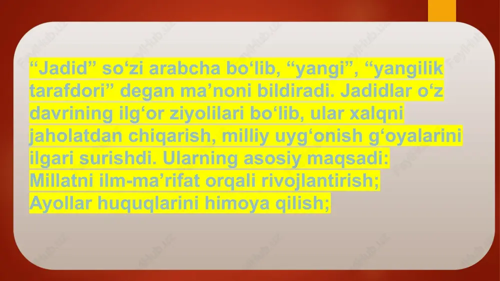 ng “padarkush” dramasi o‘zbek dramaturgiyasi tarixida birinchi drama asari hisoblanadi. asarda eski tafakkur, jaholat va ma’rifatsizlik tanqid qilinadi. abdulla avloniy (1878–1934) avloniy o‘z asarlari orqali xalqni ma’rifatga, birlikka, milliy uyg‘onishga da’vat etdi. uning “turkiy guliston yoxud axloq” asari o‘zbek pedagogik tafakkurining durdonasi sanaladi. shoir sifatida esa “adabiyot yoxud millat hayoti” degan g‘oyani ilgari surgan. hamza hakimzoda niyoziy (1889–1929) hamza she’riyat, drama va publitsistika sohasida ijod qilgan. uning “boy ila xizmatchi”, “zaharli hayot”, “mazluma qizi” asarlarida ijtimoiy tengsizlik, ayollar taqdiri va zamonaviy hayot muammolari yoritilgan. munavvarqori abdurashidxonov (1878–1931) u jadidchilik harakatining tashabbuskori, ma’rifatchi va publitsist sifatida tanilgan. uning maqolalari, darsliklari, nutqlari xalqni zamonaviy ilmga chorladi. cho‘lpon (abdulhamid sulaymon o‘g‘li, 1897–1938) cho‘lpon jadid adabiyotining eng yirik vakillaridan biridir. uning “kecha va kunduz” romani, “buloqlar”, “go‘zal turkiston”, “men kimman?” she’rlari milliy ozodlik va inson erkinligi g‘oyalarini kuylaydi. jadid adabiyoti o‘ziga xos yangi shakl va mazmunga ega bo‘ldi: realizm va ma’rifatparvarlik g‘oyalariga asoslandi; yangi …