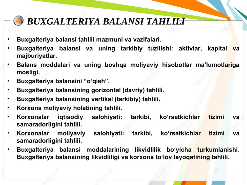 anishdir. korxonaning moliyaviy holatini tahlili korhona faoliyatiga qiziquvchilar 2 guruhga bo’linadi bevosita bilvosita mulk egalari, korxona boshqaruvi, qarz beruvchilar, mol yetkazib beruvchi, xaridorlar, soliqchilar, ishchilar va hodimlar auditorlik firmalari, birjalar, assotsiatsiyalar vakillari, matbuot hodimlari, kasaba uyushmalari tahlil jarayoni yo’naltirilganiga qarab quyidagi usullardan foydalanish mukin: gorizontal taqqoslash nisbiy ko’rsatkich lar vertikal hisobot davridagi ko’rsatkichlar o’tgan davr yoki rejadagisi bilan taqqoslanadi, va ularning dinamikasi va reja bajarilish darajasi aniqlanadi. moliyaviy holatga ta’aluqli bo’lgan ko’rsatkichlar tarkibiy tuzilmasi o’rganiladi. moliyaviy holat ko’rsatkichlari o’rtasidagi aloqa o’rganiladi. bir-biriga oxshash korxonalarning moliyaviy holatini ifodalovchi ko’rsatkichlar toqqoslanadi. moliyaviy tahlilning axborot manbalari boshqa hisobot ma’lumotlari balansga ilovalar korxona balansi buxg.his sintetik va analitik schetlari “balans” atamasi lotincha “bis” – ikki marta, “banx” – tarozi pallasi so‘zlaridan tarkib topgan bo‘lib, ikki palla degan ma’noni anglatadi. u tenglik, muvozanat tushunchasi sifatida ishlatiladi. buxgalteriya balansi – muayyan sanaga pulda ifodalangan va xo‘jalik mablag‘larining turlari, tashkil topish manbalari bo‘yicha iqtisodiy guruhlashtirish hamda umumlashtirish …
