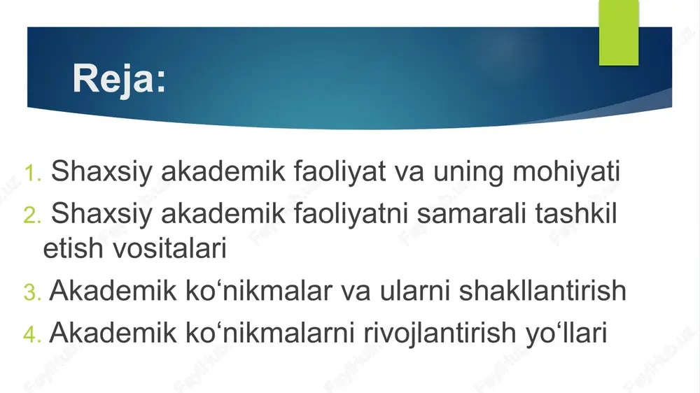 rni hal qilishga va yangi bilimlarni kashf qilishga xizmat qiladi. akademik faoliyatning asosiy elementlari: maqsadli rejalashtirish. ilmiy izlanish va tadqiqotlar. doimiy o‘qish va ma'lumotlarni tahlil qilish. yozma ishlar (maqola, dissertatsiya, hisobot). prezentatsiya va natijalarni muhokama qilish. shaxsiy akademik faoliyatni samarali tashkil etish vositalari shaxsiy akademik faoliyatni samarali tashkil etish vositalari: maqsad va rejalashtirish; vaqtni samarali boshqarish; resurslardan foydalanish; o‘qish va ma’lumotlarni qayta ishlash; ilmiy yozish va tahlil qilish ko‘nikmalari; o‘zini motivatsiya qilish va nazorat qilish; hamkorlik va fikr almashish; sog‘lom turmush tarzini saqlash shaxsiy akademik faoliyatni samarali tashkil etish vositalari shaxsiy akademik faoliyatni samarali tashkil etish vositalari shaxsning o‘z oldiga qo‘ygan maqsadlariga erishishi, vaqtni samarali boshqarishi va natijadorlikni oshirishi uchun muhim ahamiyatga ega. bunday faoliyatni samarali tashkil etishga yordam beradigan asosiy vositalar keltirilgan: 1. maqsad va rejalashtirish smart maqsadlar: maqsadlarni aniq (specific), o‘lchab bo‘ladigan (measurable), amalga oshiriladigan (achievable), realistik (relevant) va muddatli (time-bound) shaklda belgilash. ish rejasi tuzish: har kuni …