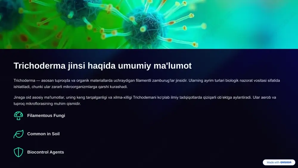 g qo‘llashga imkon yaratadi. sexual reproduction formation of spores through meiosis vegetative growth growth by hyphal division 4 trichoderma zamburugʻining oziqlanishi va metabolizmi trichoderma zamburugʻi saprofit bo‘lib, o‘lgan organik moddalarni parchalash orqali oziqlanadi. u o‘zining fermentlari yordamida lignin, sellyuloza kabi murakkab polimerlarni buzadi. bundan tashqari, u o‘z metabolitlari orqali boshqa mikroorganizmlarni rag‘batlantirishi yoki ular bilan raqobatlashishi mumkin. bu xususiyati qishloq xo‘jaligida foydali bioagent sifatida ishlatilishida muhim. organik modda parchalanishi lignin va sellyulozani fermentlar orqali qayta ishlash metabolik raqobat antibakterial va antifungal metabolitlar ishlab chiqarish oziq moddalar assimilyatsiyasi har xil oziq manbalaridan samarali foydalanish 5 trichoderma zamburugʻining ekologik roli trichoderma zamburugʻi tuproq sog‘ligini yaxshilashda muhim rol o‘ynaydi. u organik moddalarning parchalashini tezlashtirib, mineral moddamlar aylanishini rag‘batlantiradi. u shuningdek biologik pestitsid vazifasini bajarib, o‘simliklar kasalliklariga qarshi kurashda tabiatdagi muvozanatni saqlashga yordam beradi. tuproq sogʻligi organik moddalar parchalanishi va tuproq unumdorligini oshirish biologik nazorat zararli mikroorganizmlarni kamaytirish va o‘simlik kasalliklariga qarshi kurashish qayta …