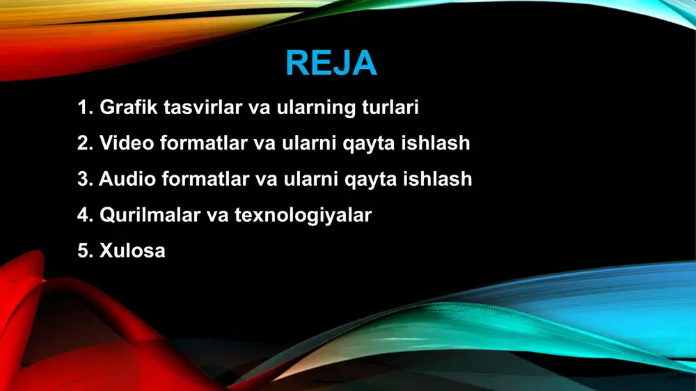 arni yo'qotadi, lekin audio sifatini kamaytiradi. eng mashhur yo'qotishli formatlar: mp3, aac, ogg. yo'qotishsiz formatlar: bu formatlar audio sifatini maksimal darajada saqlab qoladi, lekin fayl hajmi katta bo'ladi. eng mashhur yo'qotishsiz formatlar: wav, flac, alac. audio tahrirlash: audioning sifatini yaxshilash, shovqinlarni olib tashlash yoki ovoz qo'shish uchun audacity, adobe audition kabi dasturlar ishlatiladi. 4. qurilmalar va texnologiyalar qurilmalar: grafik kartalar: grafik tasvirlar va videolarni ko'rsatishda asosiy qurilma bo'lib, uning samaradorligi kompyuter grafikasi va video tahririning sifatiga ta'sir qiladi. monitorlar: grafik tasvirlarni ko'rsatish uchun ishlatiladi. yaxshi monitor ranglarni aniq ko'rsatishi va yuqori piksellar zichligiga ega bo'lishi kerak (masalan, 4k yoki 8k monitorlar). audio tizimlar: yaxshi audio tizimlar va quloqchinlar audio sifatini ko'rsatishda muhim o'rin tutadi. multimedia qurilmalar: kadrlarni olish uchun kameralar, video yozuvchilar, mikrofoni va boshqa qurilmalar ham muhim ahamiyatga ega. mikrofonlar: audio ma'lumotlarini olishda, tovushni aniq va sifatli qayd qilishda ishlatiladi. kameralar: yaxshi video tasvirlarni olish uchun yuqori sifatli kameralar …
