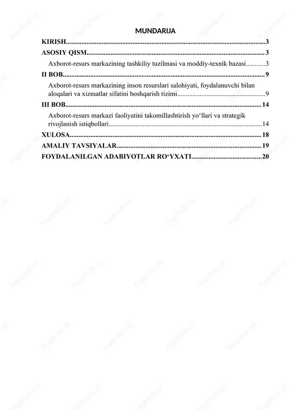 ilaydi; · o‘zbekiston respublikasi prezidentining pq–4883-sonli qarori (2020-yil 6-noyabr) bilan tasdiqlangan “raqamli ta’lim” konsepsiyasida ta’lim muassasalarining kutubxona fondlarini raqamlashtirish, elektron resurslardan foydalanish ko‘nikmalarini shakllantirish strategik yo‘nalish sifatida belgilangani ushbu sohaga e’tiborning ortganini ko‘rsatadi; · “2030-yilgacha bo‘lgan milliy rivojlanish strategiyasi” doirasida maktab kutubxonalarini elektron platformalarga integratsiya qilish orqali oliy ta’lim muassasalarida raqamli transformatsiyani kengaytirish vazifasi belgilab o‘tilgan. toshkent axborot texnologiyalari universiteti nurafshon filialiga qarashli axborot-resurs markazi bilan tanishishdan ko‘zlangan asosiy maqsad — mavjud imkoniyatlarni o‘rganish, fond va texnik baza holatini tahlil qilish, armning ta’lim-tarbiyadagi o‘rni va funksional salohiyatini baholashdir. shuningdek, bu jarayon orqali mavjud muammolarni aniqlash va ularni bartaraf etish bo‘yicha ilmiy asoslangan tavsiyalar ishlab chiqish ham nazarda tutilgan. shuningdek, axborot-resurs markazlari bugungi kunda ta’limda innovatsion yondashuvlarni joriy etishda muhim vosita sifatida xizmat qilmoqda. ayniqsa, o‘quvchilarning mustaqil izlanish, axborot tahlili, raqamli resurslardan foydalanish ko‘nikmalarini shakllantirishda armlarning o‘rni beqiyosdir. bu esa ta’limning shaxsga yo‘naltirilgan modelini rivojlantirish, o‘quvchini passiv bilim oluvchidan faol bilim …