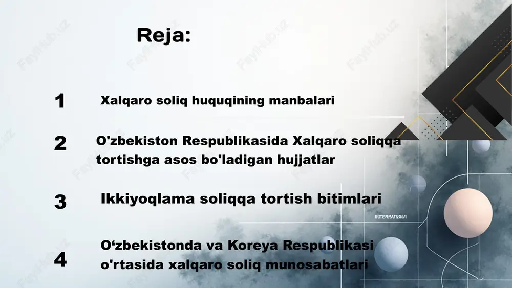 -fevralda imzolangan va 1999-yilda kuchga kirgan. o'zbekiston respublikasi va koreya respublikasi o‘rtasidagi shartnomada nusxa o'zbekiston respublikasi va koreya respublikasi o‘rtasidagi shartnomada nusxa bundan tashqari ikki davlat hukumatlari o'rtasida rezidentlik sertifikatlari namunalarini ham qabul qilingan - rossiya federatsiyasi (1994) - qozog‘iston (1997) - janubiy koreya (2001) - germaniya (2019) - turkiya, xitoy, fransiya, hindiston, malayziya va boshqa. ikkiyoqlama soliqqa tortishni bartaraf etish bitimlari o‘zbekiston respublikasi quyidagi davlatlar bilan ikkiyoqlama soliqqa tortishni oldini olish to‘g‘risida tashqi ishlar vazirligi tomon7dan ham bir qator bitimlar imzolagan: asosiy maqsad: - bir daromadni ikki davlatda ikki marta soliqqa tortilishining oldini olish. - soliq ma’lumotlarini o‘zaro almashish mexanizmini joriy etish. daromad manbaiga qarab stavkalar: - dividendlar — 5%dan 15 % gacha - foizlar — 5 % - royalti — 2%dan 5 % gacha o'zbekiston va koreya respublikasi o‘rtasidaga 1998-yil 17-fevraldagi konvensiya o‘zbekistonda xalqaro soliqqa tortishning amaliy jihatlari xalqaro soliqqa tortish tizimi — global iqtisodiy integratsiya jarayonining muhim …
