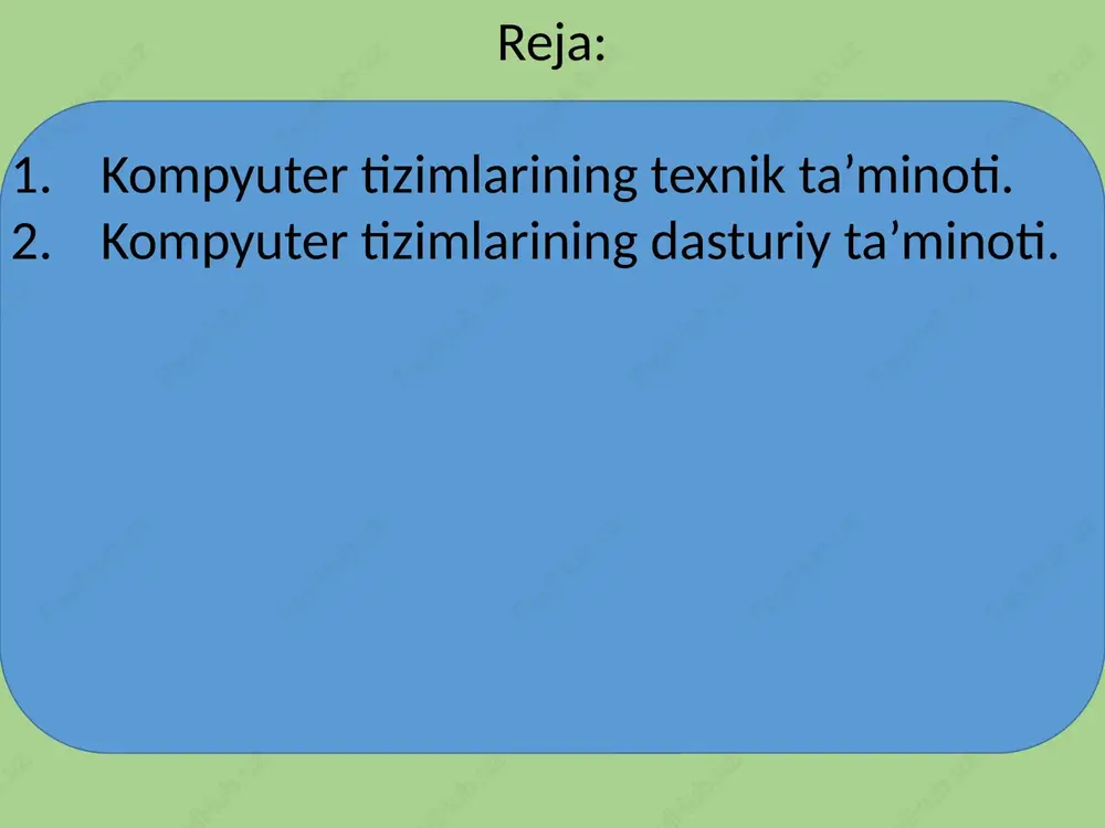 virni shakllantiruvchi mikrosxemalar. o ovoz kontrolleri - ovozni qayta ishlashga imkon beradigan mikrosxema. elektr ta'minoti blogi - kompyuter tizimlari uchun quvvat beruvchi qurilma. qattiq disk (vinchester) - magnitli yozib olish printsipiga asoslangan xotira qurilmasi. cd-rom turidagi optik qurilma. klaviatura - qurilmani boshqarish yoki ma'lumotlarni kiritish uchun ma'lum tartibda tashkil etilgan tugmalar to'plami. sichqoncha- kursorni boshqarish va kompyuterga turli xil buyruqlar berish qurilmasi. trackball - kompyuter uchun ma'lumot kiritishni qo'lda boshqariluvchi moslama. tachpad- kursorni boshqarish va kompyuterga turli xil buyruqlar berish uchun mo'ljallangan kiritish moslamasi. kiritish sensorli panelning yuzasiga barmoqlarni tekkizish orqali amalga oshiriladi. grafik planshet (digitayzer) - ma'lumotni kompyuterga qo'lda kiritish qurilmasi. u qalam va qalamga sezgir tekis planshetdan iborat. joystik - kompyuterga ma'lumot kiritish uchun mo'ljallangan qurilma. joystik tuzilishi: 1. dastak; 2. asos; 3. gashetka (ishga tushirish) 4. qo'shimcha tugmalar 5. avtomatik o't ochish tugmasi 6. gaz 7.mini-joystik (shlyapa tugmasi), 8. o'rnatish moslamasi skaner - qog'ozdagi ma'lumotni raqamli formatga …