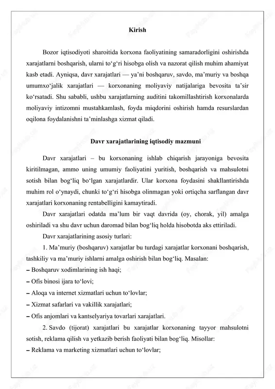 tni saqlash va tashish xarajatlari; · sotuvchilar ish haqi; · qadoqlash, o‘rash va realizatsiya xarajatlari. boshqa operatsion xarajatlar bular korxona faoliyatini davom ettirishda zarur bo‘lgan, lekin ishlab chiqarish yoki sotish bilan to‘g‘ridan-to‘g‘ri bog‘liq bo‘lmagan chiqimlardir. misollar: · sug‘urta badallari; · jarimalar, kompensatsiyalar; · soliqlar va yig‘imlar; · mol-mulkni saqlash va ta’mirlash bilan bog‘liq xarajatlar. davr xarajatlarining iqtisodiy ahamiyati davr xarajatlari korxonaning moliyaviy natijalarini shakllantiruvchi asosiy omillardan biri hisoblanadi. ularning hajmi va tarkibi quyidagi jihatlarga ta’sir qiladi: · korxonaning foyda darajasi — xarajatlar oshsa, sof foyda kamayadi; · narx siyosati — davr xarajatlari yuqori bo‘lsa, mahsulot narxiga ham ta’sir etadi; · moliyaviy barqarorlik — xarajatlarni to‘g‘ri rejalashtirish korxonani iqtisodiy inqirozlardan himoya qiladi. shuning uchun davr xarajatlarini rejalashtirish, hisobga olish va nazorat qilish moliyaviy boshqaruvda juda muhim. davr xarajatlarini hisobga olish tartibi: · buxgalteriyada davr xarajatlari quyidagi prinsiplarga asosan hisobga olinadi: · hisobot davri prinsipi – xarajatlar ular amalga oshirilgan davrda tan …