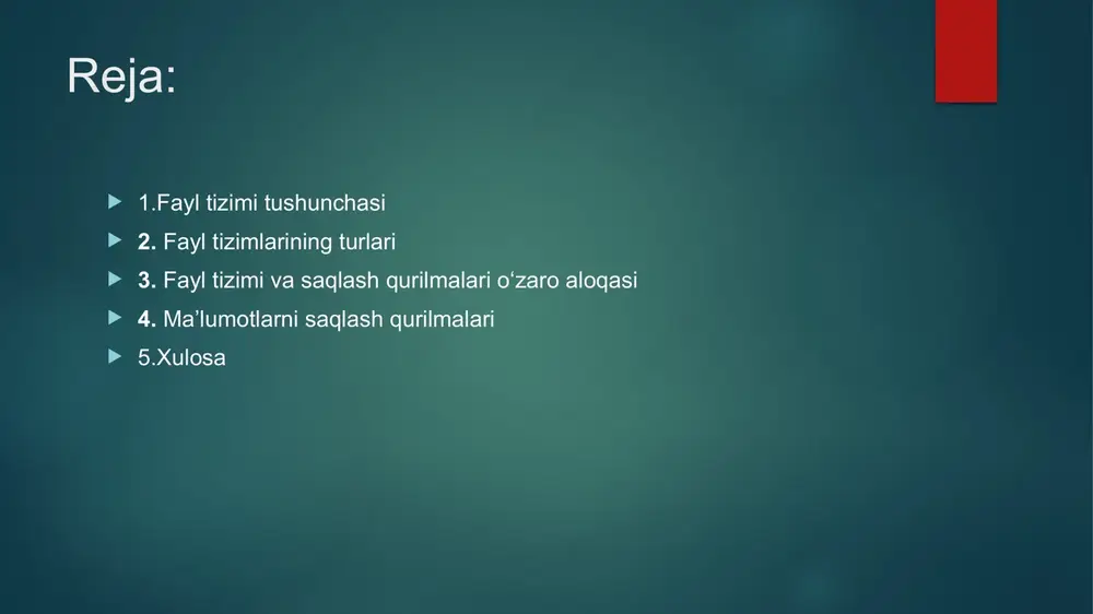 ma'lumotlar (fayllar) fizik jihatdan joylashadigan qurilmalar:qattiq disk (hdd) — katta hajmdagi ma'lumotlarni saqlash uchun ishlatiladi. ssd — tezkor ma'lumot saqlash qurilmasi. usb fleshka — mobil ma'lumotlarni saqlash va uzatish uchun ishlatiladi. fayl tizimi turiga qarab qurilmaning ishlashiga ta'sir qilishi fayl tizimi turiga qarab, saqlash qurilmasining ishlash xususiyatlari farq qiladi. ba'zi fayl tizimlari faqat ma'lum operatsion tizimlarda ishlaydi. masalan: ntfs: windows uchun optimallashtirilgan. bu tizimda fayllarga ruxsatlar, jurnallash va boshqa xavfsizlik funksiyalari mavjud. bu tizimda saqlangan ma'lumotlarga faqat windows tizimlari to‘liq kirish imkoniga ega bo‘ladi. ext4: linux tizimlari uchun keng tarqalgan. bu tizimda yuqori tezlikda ma'lumotlarni saqlash va ko‘p foydalanuvchilarga imkoniyat yaratish imkoniyati mavjud. fayl tizimi qurilmaga ma'lumotlarni qanday tartibda saqlashni belgilaydi.fayl tizimi saqlash qurilmasining xotirasini qanday tashkil qilishni, fayllarning qanday joylashishini va ularga qanday kirish mumkinligini belgilaydi. masalan, ntfs tizimi windows uchun mo‘ljallangan va ma'lumotlarni saqlashda xavfsizlik, ruxsatlar va boshqa ko‘plab funksiyalarni qo‘llab-quvvatlaydi.fayl tizimi saqlash qurilmasidagi bo‘limlarni tashkil qiladi.qurilmaning har …