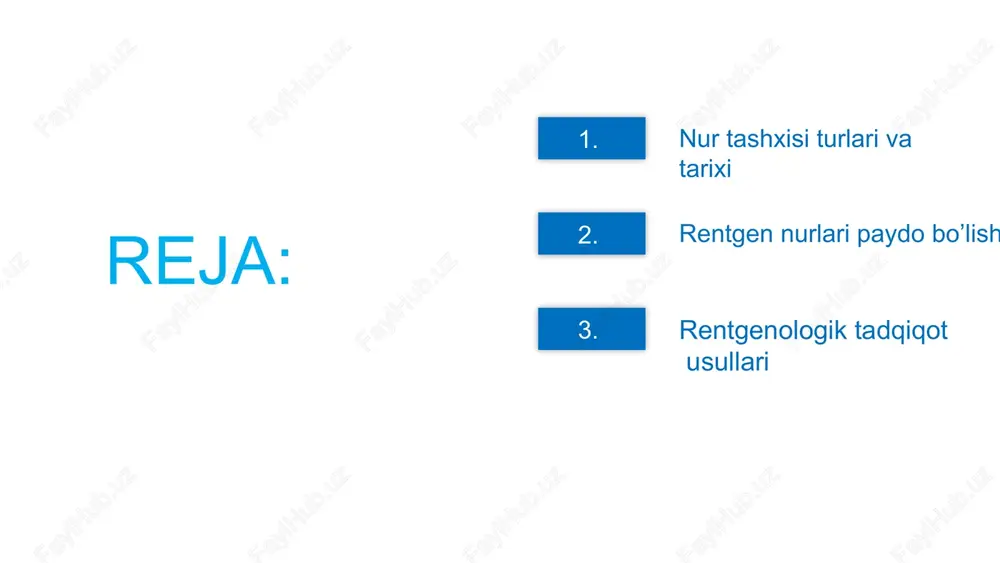 usulda rentgen nurlari bemorning tanasi orqali oʻtadi, flyuresent ekranda koʻrinadi. ushbu tadqiqot asosan koʻkrak qafasi va qorin boʻshligʻini oʻrganish uchun ishlatiladi. afzalliklari usul oddiylik va arzon, koʻp oʻqli va polipozitsion imkoniyati, yaʼni bemorni turli proeksiyalar va pozitsiyalarda tadqiqotlar tushurish imkoniyati, oʻrganilayotgan organlarning anatomik va funksional xususiyatlarini real vaqtda baholash qobiliyati. ‹#› rentgenografiya (yunon. greapho-yozish, tasvirlash) — rentgenologik tekshiruv usuli, unda plyonkada (analog rentgenografiya) yoki maxsus raqamli rentgenografiya) oʻrganilayotgan ob’ektning tasvirini olish mumkin. tasvir rentgenoskopiyadan farqli oʻlaroq, statik olinadi. elektrorentgenografiya — tasvir qogʻozda, pozitiv, arzon, tez, quruq, hujjatlanish yomonroq, nurlanish yuqori, fazofiy farqlash kichikroq, toʻqimali kontrast yuqoriroq, bolalarda qoʻllanilmaydi, faqat tayanch harakat tizimi uchun qoʻllaniladi, artefaktlar koʻp. ‹#› flyurografiya — turli formatdagi (70x70, 100x100 va 110x110 mm) filmdagi floresan ekrandan tasvirni suratga olish usuli. shunday qilib, flyurografiyada bilan tasvirni har doim mayda hajmda bulishi farqlanadi. flyurografiyaning asosiy maqsadi aholida yashirin oʻpka kasalliklarini aniqlash uchun ommaviy (profilaktik) tekshiruv oʻtkaza olish qobiliyatidir. asosiy …