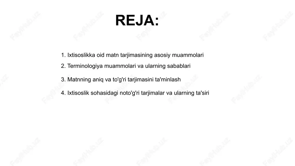 'g'ri tarjima qilinishi va kontekstga mos kelishidir. bu faqat texnik bilimlar bilan hal qilinadi. yaxshi tarjimonlar matnni kontekstni tushunib, mos terminlarni tanlab, tarjimada aniqlik va to'g'rilikni ta'minlashi kerak, bu tarjimaning sifatini oshiradi va ishonchliligini kuchaytiradi. 01 03 02 ixtisoslik sohasidagi noto'g'ri tarjimalar va ularning ta'siri ixtisoslik sohasida tarjima qilishda noto'g'ri tarjimalar muhim muammo bo'lib, ular ma'lumotning to'g'riligi va aniqligiga salbiy ta'sir qiladi. bunga asosiy sabablar terminlarning noto'g'ri talqin qilinishi, kontekstning noto'g'ri tushunilishi va texnik terminlarni to'g'ri tarjima qilmaslikdir. noto'g'ri tarjimalar natijasida soha xatoliklari keng tarqaladi, bu esa professional faoliyatga va ma'lumotning ishonchliligiga salbiy ta'sir ko'rsatadi. 01 03 02 kontekst va madaniy tafovutlar bilan ishlash ixtisoslikka oid matn tarjimasida kontekstni tushunish muhim, chunki so‘zlarning mazmuni madaniy tafovutlarga bog‘liq bo‘lishi mumkin. tashqi omillar e'tiborga olinishi shart. madaniyatlararo tafovutlarni hisobga olish tarjimon uchun qiyinchilik tug‘diradi, chunki terminlar va iboralar har doim to‘g‘ri tarjima qilinmaydi. bu muammoni hal qilish kerak. tashqi madaniyat va kontekstni …