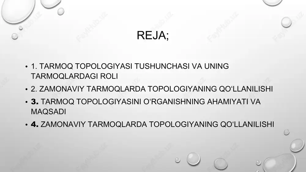 bda ulanayotganini ko‘rsatadi. roli: tarmoqning ishlash samaradorligini belgilaydi. ma'lumot uzatish tezligi va ishonchliligiga ta'sir qiladi. nosozliklar yuzaga kelganda, tarmoqni qayta tiklash va boshqarishni osonlashtiradi. tarmoq xavfsizligini tashkil etishda muhim ahamiyatga ega. tarmoqni loyihalash va kengaytirishda asos bo‘lib xizmat qiladi. tarmoq topologiyasi turlari yulduzcha topologiyasi (star topology) shina topologiyasi (bus topology) halqa topologiyasi (ring topology) daraxt topologiyasi (tree topology) mesh topologiyasi (mesh topology) gibrid topologiya (hybrid topology) — yuqoridagi topologiyalar kambinatsiyasi yulduz tapalogiyasi yulduz topologiyasi — bu har bir kompyuterning markaziy qurilmaga (hub yoki switch) ulanadigan tarmoq tuzilmasidir, bu esa barcha ma'lumotlar ushbu markaz orqali o'tishini ta'minlaydi. ushbu tuzilma yangi qurilmalarni qo'shishni osonlashtiradi, markazlashgan boshqaruvni ta'minlaydi va tarmoqning mustahkamligini oshiradi, chunki bitta kompyuterning ishdan chiqishi butun tarmoqni to'xtatib qo'ymaydi. yulduz topologiyasining asosiy xusiyatlari . markazlashgan ulanish: har bir tarmoq qurilmasi (kompyuter, printer) to'g'ridan-to'g'ri markaziy hub yoki switchga ulangan. mantiqiy shina: fizik jihatdan yulduz bo'lsa-da, ma'lumotlar markaziy qurilma orqali o'tishi sababli mantiqiy …