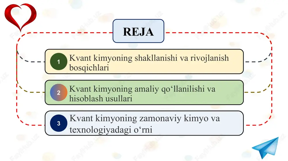 hi bu muammolarga ilmiy yechim berdi. shryodinger, geyzenberg, dirak kabi olimlar elektronlarning to‘lqin xususiyatlarini aniqlab, atomdagi energiya sathlari diskretligini isbotladilar. shu orqali kimyoviy bog‘lanishlarning tabiati, molekulyar strukturalar va ularning barqarorligi aniqroq tushuntirildi. natijada klassik kimyodan kvant kimyoga o‘tish fanning yangi bosqichini boshlab berdi. kvant kimyo moddalar xossalarini ularning elektron tuzilishiga asoslanib aniqlash imkonini beradi. asosiy hisoblash usuli — shryodinger tenglamasini yechishdir: bu yerda hamilton operatori, ψ – to‘lqin funksiyasi, e – energiya qiymati. ushbu tenglama molekuladagi elektronlarning harakati va energiya holatini aniqlashda qo‘llaniladi. kvant hisoblash orqali molekulalarning barqarorlik energiyasi, dipol momenti, ionlashish potensiali kabi xossalar aniqlanadi. bu metod yangi moddalarni sintez qilishdan oldin ularning xossalarini prognoz qilish imkonini beradi. 1 hisoblash kimyosi dasturlari (gaussian, gamess, spartan, va boshqalar) kvant kimyoviy hisoblarni amalga oshirishda maxsus dasturiy paketlar qo‘llaniladi. eng mashhur dasturlardan biri gaussian bo‘lib, u molekulalarning energiya darajalari, tebranish chastotalari va elektron zichligini hisoblaydi. gamess dasturi esa katta tizimlarda, klaster molekulalarda …