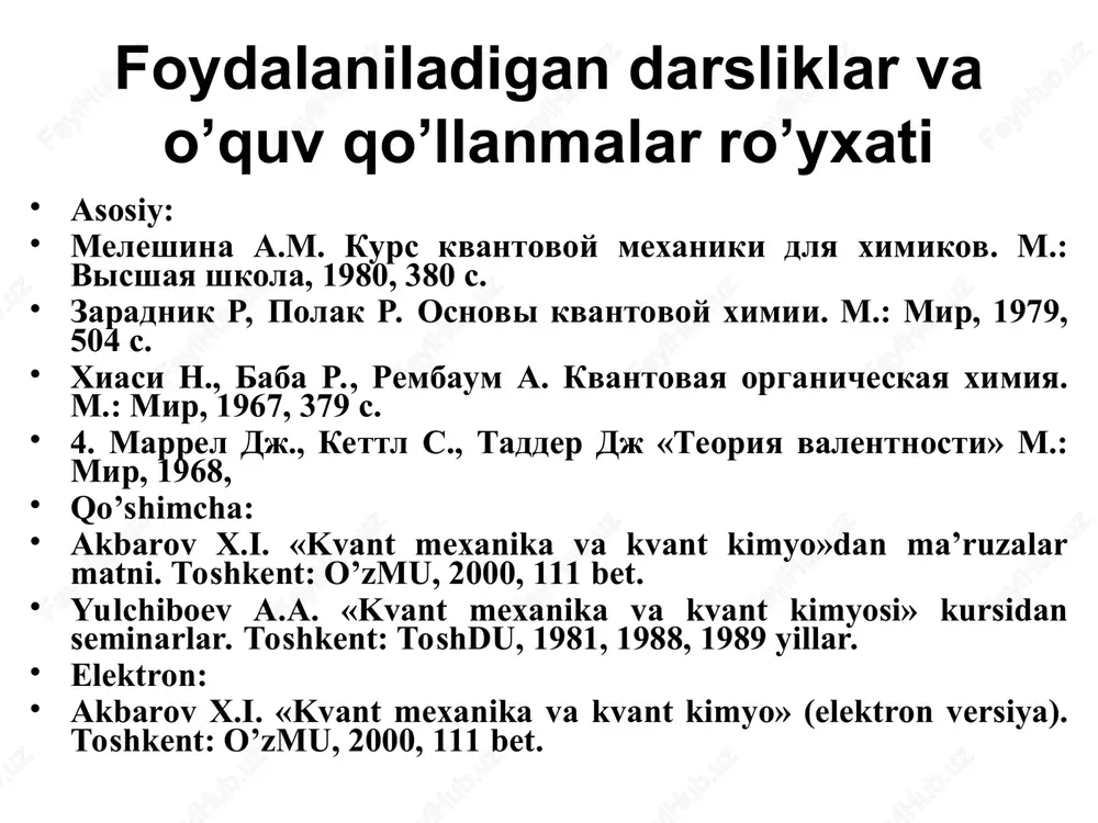 o’rtasidagi bog’lanishni topishga va ularni yagona nuqtai nazardan tushuntira oladigan nazariya yaratishga bo’lgan urinishlar oxir-oqibatda kvant mexanikasining tugilishiga sabab bo’ldi. 1900 yil oktyabr oyida nemis fizigi maks plank tomonidan klassik fizikaga yot bo’lgan kvantlar tushunchasi kiritildi. u absolyut qora jismlarning tajribaga mos keladigan nazariyasini ko’rish uchun osstillyator (muvozanat vaziyat atrofida tebranuvchi zarracha) energiyasi diskret (uzuq­uzuq) o’zgaradi, ya’ni kvantlashgan bo’ladi degan gipotezani ilgari surdi. klassik elektrodinamika va statistik fizika qonunlariga ko’ra qizdirilgan jismlar chiqaruvchi elektromagnit nurlanish intensivligi chastotaga qarab o’sib borishi kerak (ingliz fiziklari jon reley, jeyms jins), tajribada esa ma’lum xarakterli chastota qiymatidan so’ng intensivlik eksponenstial ravishda kamayib borishi ko’zatiladi. klassik fizika namoyandalaridan farqli ravishda m.plank osstillyator tomonidan nurlanayotgan energiya uzluksiz bo’lmasdan diskret bo’lsin deb qabul qildi. shuning uchun, osstillyator energiyasini quyidagicha olinadi: e = n·h·. bu yerda n = 1,2,3,… qiymatlarni oladi va kvant soni deb yuritiladi, - osstillyatorning tebranish chastotasi, plank doimiysi (h=6,62491·10-34j.s). shunday qilib, plank tomonidan klassik …