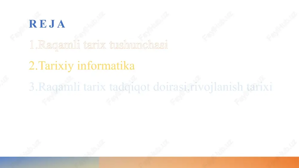 aktiv arxivlar va global hamkorlik rivojlanmoqda. digital tarix va an'anaviy tarix o'rtasidagi farqlar an'anaviy va raqamli yondashuvlar an'anaviy tarix yozish an'analarga, kitoblarga va yozma manbalarga asoslangan bo'lsa, raqamli tarix texnologiyalar yordamida ma'lumotlarni saqlash va tahlil qilishga qaratilgan. ma'lumotlarning uzluksizligi an'anaviy tarixda ma'lumotlar qog'oz va arxivda saqlanadi, raqamli tarixda esa, ma'lumotlar raqamli arxivlar va bazalar orqali osongina yangilanadi va tarqatiladi. texnologiya va interaktivlik raqamli tarixda vizualizatsiya, 3d model va interaktiv xaritalar orqali tarixiy voqealar jonlanadi, bu esa o‘quvchilarga yanada chuqurroq tushuncha beradi. raqamli tarix tushunchasining zamonaviy texnologiyalar bilan bog'liqligi 1 sun'iy intellekt va mashina o'qishi zamonaviy texnologiyalar, masalan, sun'iy intellekt va mashina o'qishi, tarixiy ma'lumotlarni tahlil qilishda va model qilishda keng qo'llaniladi, bu esa tarixiy jarayonlarni chuqurroq tushunishga yordam beradi. 2 big data va ma'lumotlar bazalari katta hajmdagi raqamli ma'lumotlar va rivojlangan bazalar yordamida tarixiy manbalarni saqlash, tahlil qilish va vizualizatsiya qilish imkoniyati yaratilmoqda, bu esa tarixiy tadqiqotlarni tezlashtiradi. 3 raqamli …