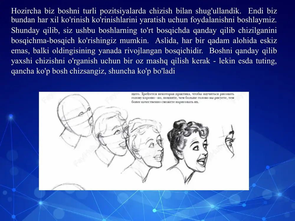 ak va yuzidagi tekislik harakatlarga bo'linadi, boshning tepasidan iyagiga va orqaga quloqlariga. har qanday aqldan ozib ko'ring hissiy ifoda eting - dahshat, g'azab, g'azab, masxara, nochorlik, quvonch - va siz hamma narsa harakatlanayotganini sezasiz. esingizda bo'lsin bu siz hissiyotlarni chizganda. kulgu . ... ... ko'zlarini qisman yumadi, ko'taradi tashqi tomondan tashqari, ochiq og'izning burchaklarini ham ishqalaydi qosh va burun teshiklarining qismlari. tabassum ham xuddi shunday xususiyatlari kamroq darajada. istehzo va nafrat. ... ... bilan belgilangan teskari va jirkanch yuz, qisman yopiq ko'z qovoqlari, og'zini biriga aylantirish bilan yon yoki pastda. qo'rquv. ... ... kengaygan ko'zlar va burun bo'shliqlari, og'izni ochiq va boshini pastga tushirish orqali ifodalanadi. sharmandalik va uyatchanlik. ... ... bir xil narsaga ega texnik xususiyatlar. uyatchanlik bilan lablar tez-tez chayqatiladi. nochorlik .... og'zini ochiq ajinlangan peshona va ko'tarilgan qoshlar. qo'rquv va dahshat ... ko'zlar va burunlarni kengaytirish ochiq og'iz va egilgan bosh, ba'zan yonboshlab yotsa ham. meditatsiya yoki …