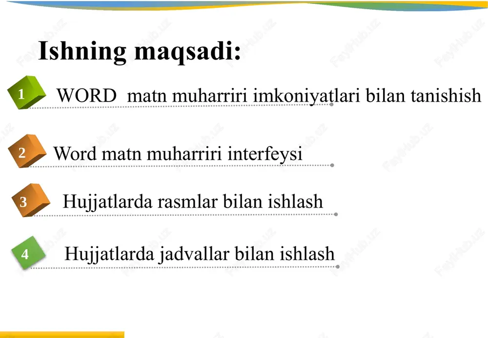 gach, ekranda uning ko‘rinishi (interfeysi) namoyon bo‘ladi. word matn muharriri interfeysi 2 dastur interfeysi quyidagi qismlardan iborat: 1) sarlavha satri: 2) tezkor murojaat etish paneli: 3) menyu bo‘limida “lenta” (tasma) deb nomlangan panel: 4) formatlash va uskunalar paneli: 5) ishchi soha (ish maydoni): dastur interfeysi quyidagi qismlardan iborat: “fayl” bo‘limida hujjat bilan bajariladigan asosiy amallar: – “sozdat” (yangi hujjat hosil qilish); – “otkrit” (avval saqlangan hujjatni ochish); – “soxranit kak…” (hujjatga nom berib saqlash); – “pechat” (hujjatni chop etish); – “zakrit” (hujjatni yopish). – “soxranit kak adobe pdf” (hujjatni pdf formatida saqlash); ishchi soha: “glavnaya” (asosiy) bo‘limida matnlar bilan bajariladigan asosiy uskuna va funksiyalar mavjud. ms word dasturida hujjatlarni formatlash uskunalari 4-bob shrift turi, o‘lchami, stili kabi imkoniyatlari, hujjatlarning tashqi ko‘rinishini ko‘rkam va yorqin qiluvchi har xil boshqa amallarning mavjudligi. foydalanuvchiga tayyor sahifa shablonlari taklif etiladi. shablonlarda rang, shrift, abzas va jadvallar tayyor holga keltirilgan hamda ularga ishlov berilgan bo‘ladi. …