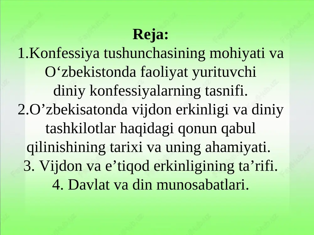 otlar toʻgʻrisida"gi qonunda (1991 yil 14 iyunda qabul qilingan, 1998- yil 1- mayda va 2021 yil 5 iyulda yangi tahriri tasdiqlangan) nazarda tutilgan konstitutsiyaga koʻra, "hamma uchun vijdon erkinligi kafolatlanadi. har bir inson xohlagan dinga eʼtiqod qilish yoki hech qaysi dinga eʼtiqod qilmaslik huquqiga ega" (35-modda). oʻzbekiston respublikasining konstitutsiyasi boʻyicha, diniy qarashlarni majburan singdirishga yoʻl qoʻyilmaydi. ayni vaqtda yangi tahrirdagi "vijdon erkinligi va diniy tashkilotlar toʻgʻrisida"gi qonunga koʻra, dinga munosabatidan qatʼi nazar fuqarolarning tengligi taʼminlanadi (6-modda). hech bir dinga yoki diniy eʼtiqodga boshqalariga nisbatan biron-bir imtiyoz yoki cheklashlar belgilanishiga yoʻl qoʻyilmaydi. qonun muayyan yoshga yetgan fuqarolarning oʻz diniy ehtiyojlarini qondirish uchun diniy tashkilot tuzish, oliy va oʻrta diniy oʻquv yurtlarida taʼlim olish tartib-qoidalarini ham belgilab bergan. ayni vaqtda dindan davlat va konstitutsiyaga qarshi targʻibot olib borishda, millatlararo adovat uygʻotishda, vaziyatni beqarorlashtiruvchi uydirmalarni tarqatishda, aholi oʻrtasida vahima chiqarishda hamda davlat, jamiyat va shaxsga qarshi qaratilgan boshqa gʻarazli maqsadlarda foydalanishga yoʻl qoʻyilmaydi …