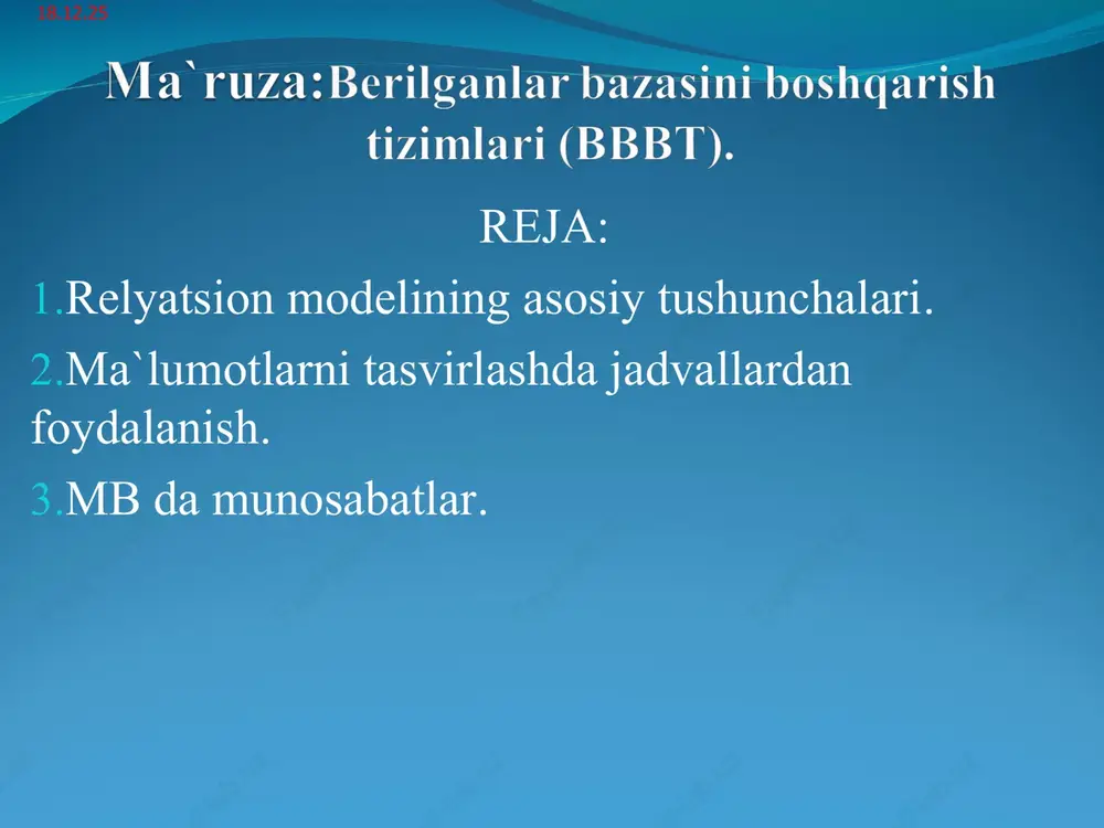 sxasi maydon ustun atribut atribut munosabatlar jadval ko`rinishida berilganda quyidagi xossalarga ega bo`ladi. jadvalni har bir elementi ma`lumot elementi hisoblanadi va takrorlanuvchi guruhlar bo`lmaydi. barcha ustunlar jadvalda bir jinslidir. har bir ustunda nom tayinlanadi. jadvalda bir xil satr ikki marta uchramaydi jadvallar o`rtasidagi bog`lanish turlari jadvallar o`rtasidagi bog`lanish bo`ysunish munosabatini aniqlaydi. bunda biri asosiy (master),ikkinchisi bo`sinuvchi (detal) bo`ladi. o`rnatilgan bog`lanish “asosiy-bo`ysinuvchi” yoki “master-detal” deb ataladi. boglanishlarning quyidagi turlari mavjud: “birga - bir”; “birga – ko`p”; “ko`pga - bir”; “ko`pga – ko`p”; birga - bir bog`lanish «birga - bir» bog‘lanish asosiy jadvaldagi bitta ma’lumotga bo‘ysinuvchi jadvaldan bitta ma’lumotni tug‘ri kelishini anglatadi. bunda: asosiy jadvaldagi har bir ma’lumot uchun bo‘ysinuvchi jadvalda ma’lumot mavjud; bo‘ysinuvchi jadvalda asosiy jadvaldagi ma’lumotlarga mos ma’lumot mavjud emas. «birga - bir» bog‘lanish asosan jadvallarni bo‘lishda ishlatiladi. «birga - bir» bog‘lanish oddiy bog‘lanish bo‘lib bunda birlamchi kalit boshqa bir jadvalni birlamchi kalitiga murojat qiladi. tashkilot_id tashkilot_nomi manzili tel_raqam 101 …