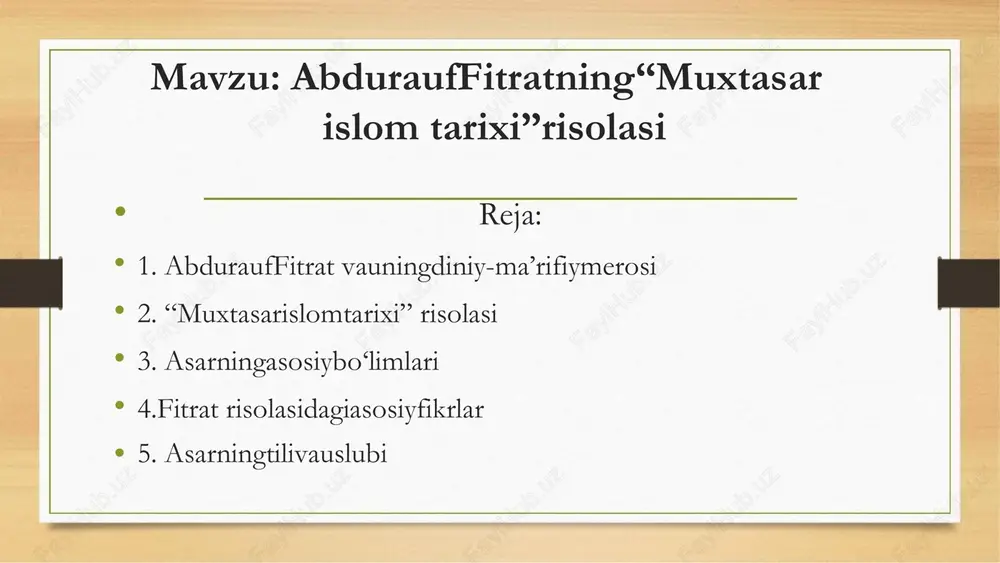 lmga, taraqqiyotgaundovchidin musulmonlarning birligi va ma’rifati muhim islom tarixinibilish–yoshlaruchunzarur diniy islohotlar va zamonaviy tafakkur uyg‘unligi islom –jaholatgaqarshinurvataraqqiyotyo‘li dinga emas, johillikkaqarshikurashishkerak ilm vama’rifat–musulmonjamiyatining poydevori islom tarixi–ibratvabirliksabog‘i diniybilimlar–faqatginaulamolargaemas, butun xalq uchunzarur o‘tmishni anglash – kelajakni qurish uchun asos fitrat vafikrlar yoshlar uchun mo‘ljallangan didaktik yondashuv tarixiyfaktlar, qisqatavsifvaxulosa 5.oddiy vatushunarlitil ilmiyasoslangan, ammo og‘zakinutqqa yaqin usuli tili oddiy, xalqchil, tushunarli arabcha atamalar izohlangan yoki soddalashtirilgan boyitilgan ilmiyasoslangan, ammo og‘irterminlarsiz diniyhurmatsaqlangan, ammo islohotchi ruhda yozilgan tarixiy voqealar – ibratli misollar bilan savol-javob shakli yoki hikoya tarzida bayon 6.islom tarixiningqisqa, lekin mazmunli talqini diniy savodsizlikka qarshi ma’rifiy kurash vositasi jadidchilik harakatining diniy-ma’rifiy g‘oyalarini aks ettiradi bugungikundaham yoshlaruchun foydali manba abdurauf fitrat o‘zlikni anglash va tarixiy xotirani tiklash vositasi yosh avloddadiniysavodxonlikni oshirishgaxizmat qiladi islomnifan vama’rifatdinisifatida tanitadi bugungidiniyekstremizmga qarshi ma’rifiy yo‘ldosh dinni tushunarlivahayotgayaqintalqin qiladi vatanparvarlik va axloqiy qadriyatlarni mustahkamlaydi etiboriz uchun raxmat