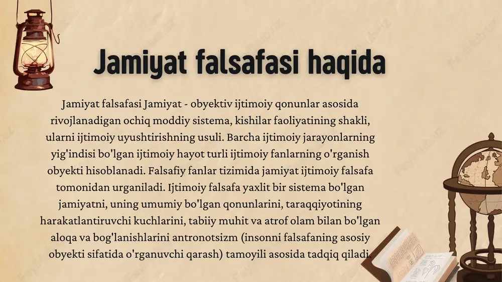 anadigan toifalar, guruh, qatlam va sinflar vujudga keladi va ular jamiyat strukturasida o’ziga xos urin egallaydi, jamiyat taraqqiyotiga muayyan xissa qo’shadi. jamiyat falsafasining asosiy yo‘nalishlari: jamiyatning tabiati – jamiyat qanday tashkil topadi, qanday mexanizmlar uni boshqaradi va barqarorlikni saqlashga yordam beradi. shaxs va jamiyat o‘zaro ta’siri – insonlarning jamiyatdagi roli, jamiyatga ta’siri va jamiyat tomonidan shakllanadigan ijtimoiy ong. ijtimoiy o‘zgarishlar – jamiyat qanday rivojlanadi, qanday omillar jamiyatni o‘zgartiradi va taraqqiyotga ta’sir qiladi. adolat va tenglik – ijtimoiy huquqlar, erkinliklar va tenglik masalalari falsafiy jihatdan qanday tushuntiriladi. jamiyat falsafasi turli amaliyotlarda qo‘llanadi, chunki u jamiyatning tuzilishi, rivojlanishi va insonlarning o‘zaro munosabatlarini tushuntirishga yordam beradi. quyidagi sohalarda jamiyat falsafasi muhim rol o‘ynaydi: 1. siyosat va huquq jamiyat falsafasi siyosiy tizimlarni shakllantirishda va huquqiy tamoyillarni belgilashda qo‘llaniladi. demokratiya, inson huquqlari, adolat va tenglik kabi tushunchalar jamiyat falsafasining asosiy tamoyillariga asoslanadi. 2. ijtimoiy fanlar va ta’lim sotsiologiya, psixologiya va pedagogika kabi fanlar jamiyat falsafasidan …