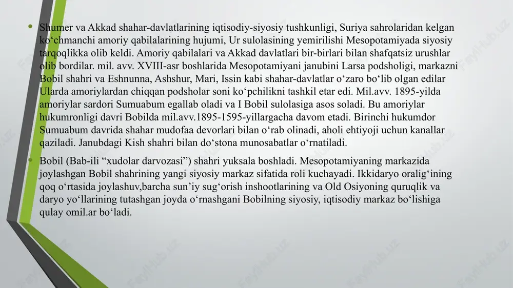qni ko‘ra oladigan davlat arbobi, ayyor diplomat, yirik strateg, adolatli qonunshunos va mohir tashkilotchi edi. xammurapi bobil uchun foydali bo‘lgan ittifoqlar tuzishda mohir diplomat bo‘lib, bu ittifoq o‘z vazifasini o‘tab bo‘lgach, tezda undan voz kechgan. xammurapi dastlab larsa bilan ittifoq tuzadi va janubda ur va issin shaharlarini bosib oladi. mari bilan ittifoq tuzib, eshnunna shahrini bosib oladi. xammurapi semiramida osma bog’lari xammurapining vorisi samsuilin (mil.. avv. 1749-1712-yillar) davrida bobilda ichki ziddiyatlar kuchayib, qishloq jamoalari, jangchilar va boshqa soliq to‘lovchilarning ahvoli yomonlashadi. mil. av. 1742-yilda mesopotamiyaga shimoliy-sharqdan bu yerda avval noma’lum bo‘lgan “kass” etnoninimidagi hind-yevropa qabilalari (akkadcha kassu, zamonaviy fanda kassitlar, o‘zlarini kaspe-kaspiy deb atagan) gandash nomli yo‘lboshchilari bilan bostirib kiradilar. elam janubda shumer shaharlariga bostirib kiradi. sippar va issin shaharlarida qo‘zg‘olon ko‘tariladi. shimoliy-g‘arbda yangi mitanni davlati vujudga keladi. mitanni davlati bobilni kichik osiyo va sharqiy o‘rtaer dengizi qirg‘og‘iga boradigan yo‘llardan to‘sib qo‘yadi. buning ustiga mil. avv. 1595-yilda xettlar bobilga bostirib …