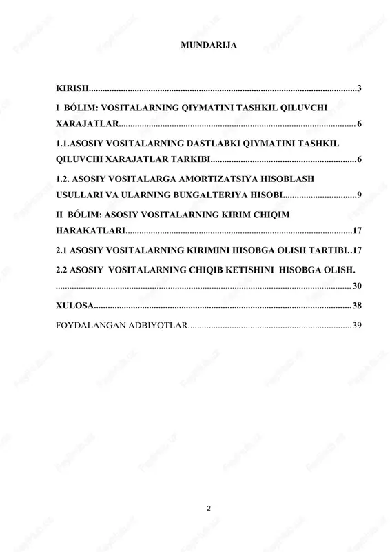 ositalarni hisobga olish tizimi, ularning turlari, eskirishini hisoblash usullari, qayta baholash tartibi va ulardan foydalanish samaradorligi bilan bog‘liq iqtisodiy jarayonlardir. tadqiqot doirasida asosiy vositalarning iqtisodiy mohiyati, ularning tarkibi, tuzilishi va ishlab chiqarishdagi o‘rni, shuningdek buxgalteriya hisobida aks ettirilish prinsiplari chuqur o‘rganiladi. shuningdek, asosiy vositalarning amortizatsiya siyosati, eskirish summasining aniqlanish usullari va qayta baholash mexanizmi tahlil qilinib, ularning korxonaning moliyaviy natijalariga va ishlab chiqarish samaradorligiga ta’siri baholanadi. tadqiqot predmeti korxonaning moddiy-texnik bazasini rivojlantirish, asosiy vositalardan oqilona foydalanish va ularning iqtisodiy samaradorligini oshirish yo‘llarini aniqlashga qaratilgan. kurs ishining vazifalari: kurs ishining maqsadidan kelib chiqib, quyidagi asosiy vazifalar belgilangan: 1. asosiy vositalarning iqtisodiy mohiyatini va ularning xo‘jalik faoliyatidagi o‘rnini yoritish; 2. asosiy vositalarni guruhlash, tasniflash va baholash prinsiplari bilan tanishish; 3. asosiy vositalarni hisobga olishning milliy buxgalteriya standartlariga muvofiq tartibini o‘rganish; 4. asosiy vositalarning eskirishini hisoblash usullarini tahlil qilish; 5. amortizatsiya ajratmalarining moliyaviy natijalarga ta’sirini o‘rganish; 6. asosiy vositalardan foydalanish samaradorligini oshirish bo‘yicha …