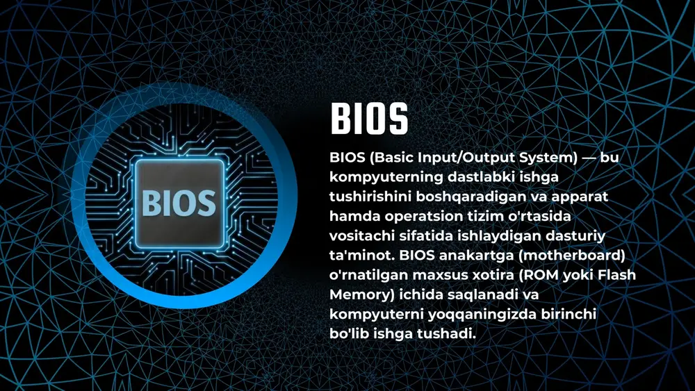 mpyuter uskunasini aniqlaydi, sozlaydi, sinovdan o'tkazadi va operatsion tizimga ulaydi. ushbu bosqichlarning kombinatsiyasi yuklash jarayoni deb ataladi. bios qanday ishlaydi? bios-ning 4 ta funksiyasi ushbu vazifalarning har biri bios-ning to'rtta asosiy funktsiyasi tomonidan amalga oshiriladi: o'z-o'zini yoqish sinovi (post). bu operatsion tizimni yuklashdan oldin kompyuterning apparatini tekshiradi. bootstrap yuklovchi. bu operatsion tizimni aniqlaydi. dasturiy ta'minot / drayverlar. bu ishlagandan so'ng os bilan interfeysga ega bo'lgan dasturiy ta'minot va drayverlarni topadi. 1 2 3 4 bios-ga kirish bios yordamida operatsion tizim va uning ilovalari biriktirilgan kiritish-chiqarish qurilmalari haqidagi aniq ma'lumotlarni, masalan, kompyuter apparat manzillarini tushunishdan ozod qilinadi. qurilma tafsilotlari o'zgarganda, faqat bios dasturini o'zgartirish kerak. ba'zida bu o'zgarish tizimni o'rnatish vaqtida amalga oshirilishi mumkin. foydalanuvchilar bios-ga kirishlari va uni bios setup utility orqali sozlashlari mumkin. bios setup utility dasturiga kirish foydalanilayotgan kompyuterga qarab bir oz farq qiladi. biroq, quyidagi qadamlar odatda foydalanuvchilarga setup utility orqali bios-ga kirish va sozlash imkonini beradi: …