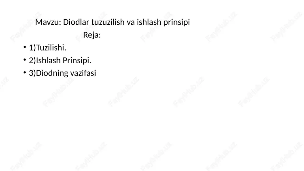 hirish valfining elektron versiyasi sifatida koʻrish mumkin. ushbu bir tomonlama harakat rektifikatsiya deb ataladi va oʻzgaruvchan tokni (ac) toʻgʻridan-toʻgʻri oqimga (dc) aylantirish uchun ishlatiladi. rektifikator sifatida diodlar radio qabul qiluvchilarda radio signallaridan modulyatsiyani olish kabi vazifalar uchun ishlatilishi mumkin. e’tiboringiz uchun rahmat image1.jpeg image2.jpeg image3.jpeg /docprops/thumbnail.jpeg