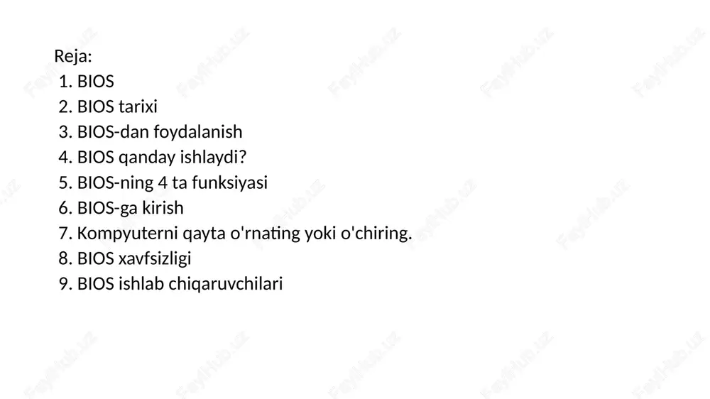 ladigan dasturlashtiriladigan faqat o'qish uchun xotira (eprom) chipidagi mikroprotsessorga kirish uchun mo'ljallangan dastur. foydalanuvchilar o'z kompyuterlarini yoqganda, mikroprotsessor boshqaruvni bios dasturiga o'tkazadi, u har doim epromda bir joyda joylashgan. bios kompyuterni ishga tushirganda, u birinchi navbatda barcha kerakli qo'shimchalar joyida va ishlayotganligini aniqlaydi. kompyuter ishga tushirishi kerak bo'lgan fayllarni o'z ichiga olgan har qanday uskuna yuklash qurilmasi deb ataladi. yuklash qurilmalarini sinovdan o'tkazgandan va ishlayotganiga ishonch hosil qilgandan so'ng, bios operatsion tizimni yoki uning asosiy qismlarini qattiq disk yoki disket diskidan (yuklash qurilmasi) kompyuterning tasodifiy kirish xotirasiga (ram) yuklaydi. bios-ning 4 ta funksiyasi bios kompyuter yoqilgandan so'ng darhol kompyuter uskunasini aniqlaydi, sozlaydi, sinovdan o'tkazadi va operatsion tizimga ulaydi. ushbu bosqichlarning kombinatsiyasi yuklash jarayoni deb ataladi. 1.ushbu vazifalarning har biri bios-ning to'rtta asosiy funktsiyasi tomonidan amalga oshiriladi: 2.o'z-o'zini yoqish sinovi (post). bu operatsion tizimni yuklashdan oldin kompyuterning apparatini tekshiradi. 3.bootstrap yuklovchi. bu operatsion tizimni aniqlaydi. 4.dasturiy ta'minot / drayverlar. bu ishlagandan …