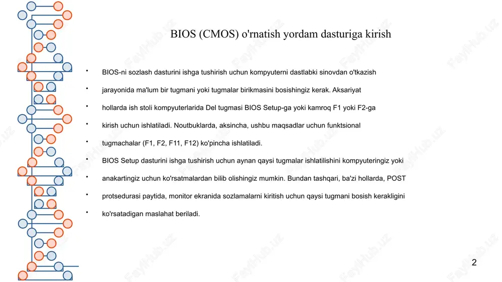 tirish 4 raidni yoqish yoki o'chirish usb-ni yoqish yoki o'chirish ieee1394 ning ichki versiyasini yoqing yoki o'chiring onboard audio funksiyasini yoqish yoki o'chirish on floppy controller-ni yoqish yoki o'chirish onboard seriya / parallel portlarni yoqish yoki o'chirish acpini yoqish yoki o'chirib qo'yish acpi to'xtatib turini o'zgartirish quvvat tugma funksiyasini o'zgartirish power-on sozlamalarini o'zgartirish ko'p ekranli sozlashlarda qaysi displeyni birinchi ishga tushirganligini o'zgartirish kengaytirilgan tizim konfiguratsion ma'lumotlarini (escd) tiklash tizim resurslarining bios boshqaruvini yoqish yoki o'chirish fan tezligi sozlamalarini o'zgartiring cpu va tizim haroratini ko'rish bios qanday ishlaydi? bios kompyuterlar bilan birga keladi, anakartdagi chipdagi proshivka sifatida. bundan farqli o'laroq, windows yoki ios kabi operatsion tizimlar ishlab chiqaruvchi yoki sotuvchi tomonidan oldindan o'rnatilishi yoki foydalanuvchi tomonidan o'rnatilishi mumkin. bios - bu o'chiriladigan dasturlashtiriladigan faqat o'qish uchun xotira (eprom) chipidagi mikroprotsessorga kirish uchun mo'ljallangan dastur. foydalanuvchilar o'z kompyuterlarini yoqganda, mikroprotsessor boshqaruvni bios dasturiga o'tkazadi, u har doim epromda bir joyda joylashgan. bios …