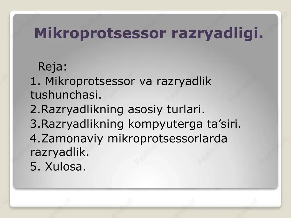 chik miqdordagi ma’lumotlarni qayta ishlashda samarali bo‘ladi. 2. 16-bitli razryadlik 16-bitli mikroprotsessorlar 16 bitli ma’lumotlarni bir vaqtda qayta ishlaydi. bu turdagi protsessorlar avvalgi 8-bitli tizimlarga nisbatan yaxshiroq ishlash imkonini beradi, ammo hozirgi zamon texnologiyalari uchun kamchiliklari bor. dastlabki shaxsiy kompyuterlar va ba’zi mobil qurilmalarda ishlagan. 3. 32-bitli razryadlik 32-bitli mikroprotsessorlar 32 bitli ma’lumotlar bilan ishlaydi. ular kompyuter tizimlarida keng tarqalgan bo‘lib, xotira va ma’lumot uzatish tezligini sezilarli darajada oshiradi. 32-bitli protsessorlar 4 gb xotirani to‘liq boshqarishi mumkin. hozirda ba’zi eski tizimlar va qurilmalarda ishlamoqda. 4. 64-bitli razryadlik 64-bitli mikroprotsessorlar eng zamonaviy va yuqori samarali protsessorlar bo‘lib, 64 bitli ma’lumotlarni bir vaqtning o‘zida qayta ishlaydi. bu protsessorlar yuqori tezlikda ishlash, katta xotira hajmini qo‘llab-quvvatlash va ko‘p vazifalarni bir vaqtning o‘zida bajarishda samarali hisoblanadi. 64-bitli protsessorlar 16 exabaytgacha xotirani qo‘llab-quvvatlaydi. bugungi kunda kompyuterlar, serverlar va mobil qurilmalarda keng tarqalgan. har bir turdagi razryadlik mikroprotsessorning ishlash tezligi va imkoniyatlariga ta’sir qiladi. yuqori razryadlik …