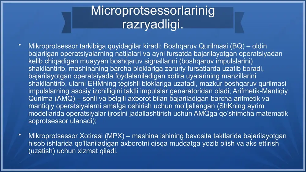 aqida fikr yuritsak. ularni qo’ldan kelgancha keltirib o’tsak • mikroprotsessorning arhitekturasi; • mikroprotsessorning yadrolar soni (core); • mikroprotsessorning chastotasi (ghz); • mikroprotsessorning kesh xotirasi (chache); • mikroprotsessorning o’lchamli texnologiyasi (nm); • mikroprotsessor shinasining chastotasi (fsb); •mikroprotsessor controller bilan bog’lanish tezligi (qpi); va boshqalar 1. mikroprotsessor razryadligining asosiy turlari ma'lumot razryadligi: protsessor bir vaqtning o‘zida ishlov beradigan ma'lumotlarning uzunligini (bitlarda) bildiradi. masalan, 8-bit protsessorlar bir operatsiyada 8 bitli ma'lumotlarni ishlay oladi. manzil razryadligi (address bus): protsessorning xotira manzillarini boshqarish qobiliyatini bildiradi. bu ko‘p hollarda protsessorning ishlay oladigan xotira hajmini belgilaydi. misol uchun: 32-bit manzil razryadligiga ega protsessor maksimal 4 gb (2³² = 4,294,967,296 bayt) xotirani adreslay oladi. 64-bit protsessor esa 16 eksabayt (2⁶⁴) gacha bo‘lgan xotira hajmini boshqarish imkoniyatiga ega (amaliy jihatdan bu hajm cheklangan bo‘lishi mumkin). shina kengligi (bus width): protsessorning tashqi dunyo bilan, ya'ni xotira va kirish-chiqish qurilmalari bilan ma'lumot almashish tezligini belgilaydi. 2. razryadlikning tizim samaradorligiga ta’siri protsessor …