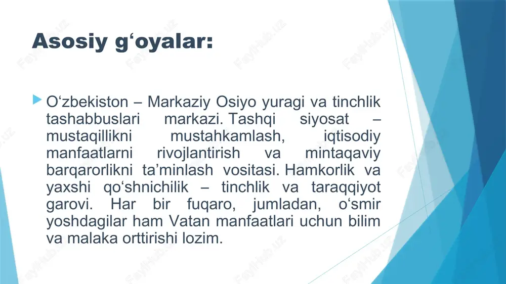 ir kichik sinov: doskadagi o‘zbekiston xaritasiga ishora qilib kimlar o‘zbekiston bilan chegaradosh davlatlarni to‘g‘ri ayta oladi? qozog‘iston, turkmaniston, tojikiston, afg‘oniston, qirg‘iziston oʻzbekistonda nechta ma’muriy hudud bor? (14 ta: qoraqalpog‘iston respublikasi, 12 ta viloyat va toshkent shahri) qaysi viloyat maydon jihatdan eng katta? (navoiy viloyati, 100.800 kv.km) qaysi viloyatda aholi eng zich yashaydi? (andijon viloyati, bir kvadrat kilometrga 804,9 kishi) mamlakatimizda nechta tuman va shahar bor? (208 ta tuman va shahar bor) o‘qituvchi:bu savollar orqali biz faqat geografiyani emas, o‘zligimizni bilib olamiz. chunki har bir joy (tuman, shahar, mahalla, qishloq) nomi – bu tarix, bu meros, bu biz bilgan vatanning bir bo‘lagi. kelinglar, biz o‘z yurtimizni qanchalik bilamiz, o‘zbekistonning ma’muriy-hududiy tuzilishi haqida qanday ma’lumotlarga egamiz degan savollarga javob topamiz. ya’ni o‘zbekiston hududi va xaritasi haqidagi bilimlarimizni tekshirish uchun videojumboqqa e’tibor qaratamiz. ekranga qaraymiz. bolajonlar, dunyo globallashib, mamlakatlar bir-biriga yaqinlashib boryapti. ya’ni odamlar ko‘p sayohat qilishyapti, sayohat qilish, xorijga o‘qish yo ishlashga …