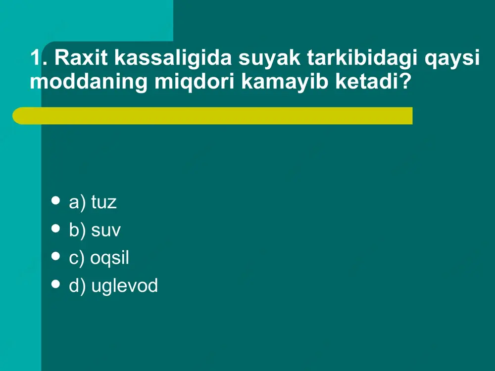 shcha, ildizcha d) yuqorigi, pastki 13. til qanday vazifani bajaradi? a) ovqatni aralashtirish b) ovqat tamini bilish c) ovqatni halqumga surish d) barcha javoblar to’g’ri 14. qaysi ferment ovqat tarkibidagi oqsillarni parchalaydi? a) ptialin b) lipaza c) amilaza d) pepsin 15. katta odamda yo’g’on ichakning uzunligi o’rtacha necha metr bo’ladi? a) 6 b) 5 c) 2,5-3 d) 1,5 16. vorsinkalar ichakning qaysi qismida ovqat hazm bo’lishini taminlaydi? a) yo’g’on ichak devorida b) ingichka ichak kanalida c) ingichka ichak devorida d) o’n ikki barmoqli ichakda 17. oqsillarni parchalashda ishtirok etadigan fermentlarni aniqlang. 1.pepsin 2.amilaza 3.tripsin 4.laktaza 5.ptialin 6.maltaza 7.enterokinaza a) 2,5,6 b) 1,3,5 c) 1,3,7 d) 2,6,7 18. ichakning ichki shilliq qavatidagi bezchalardan qanday fermentlar ajraladi? 1.tripsin 2.lipaza 3.pepsin 4.ptialin 5.enterokinaza 6.renin 7.amilaza a) 1,3,6 b) 2,6,7 c) 2,5,7 d) 3,4,6 19. ovqat hazm qilish sistemasi organlari ketma-ketligi qaysi javobda to’g’ri berilgan? 1.og’iz bo’shlig’i 2.oshqozon 3.halqum 4.o’n iki barmoqli ichak 5.qizilo’ngach …