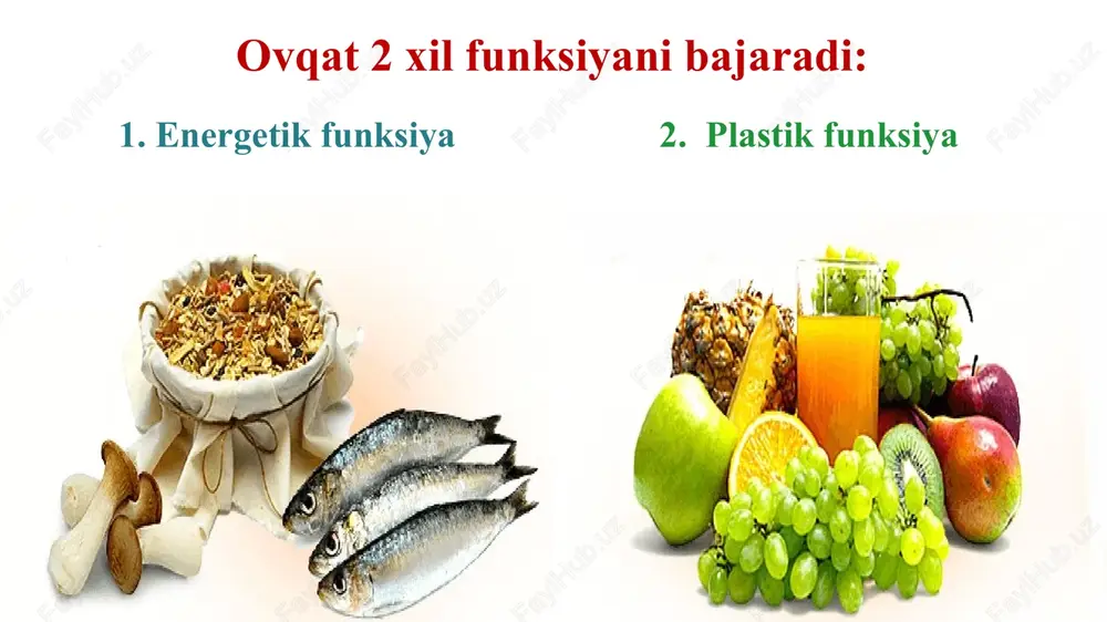 035 kkal tushlik = 35 % o,5 p osh - 747 kkal 100 gr oq non - 240 kkal pomidor - 18 kkal bodring - 15 kkal 1020 kkal kunlik ovqat ratsionini hisoblash qo`shimcha = 8 % bulochka - 120 kkal qatiq – 36 kkal olma – 45 kkal 200 kkal kechki ovqat = 22 % 50 gr tovuq go`shti – 185 kkal 50 gr loviya - 155 kkal tuxum – 350 kkal pishloq - 110 kkal 800 kkal umumiy kunlik energiya 1/3 qismi tana haroratini doimiy saqlash uchun sarf bo`ladi. 3055 kkal 2/3 qismi a`zolar funksiyasi va ish bajarish uchun sarflanadi. abdullayeva muhlisa 2897 kkal qo`shimcha ovqat bulochka qatiq olma 100 kkal 4 % kechki ovqat 50 gr tovuq go`shti 50 gr loviya tuxum pishloq 850 kkal 25 % nonushta 2 ta tuxum 200 gr oq non pishloq 50 gr shakar choy 1035 kkal 35,7% tushlik o,5 p osh …