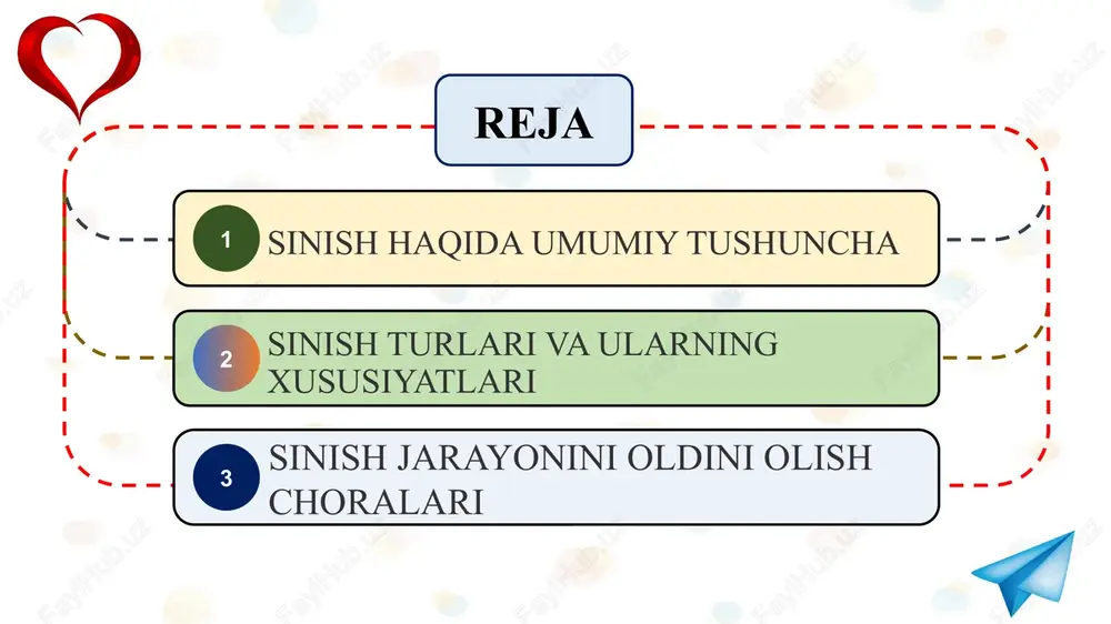 rish jarayonida mashina detallarining haddan tashqari yuklanishi yoki uzoq muddatli tebranishlar ham charchash sinishiga sabab bo‘ladi. materialning sifati past bo‘lsa yoki uni qayta ishlash jarayonida texnologik qoidalar buzilgan bo‘lsa, sinish xavfi yanada oshadi. shu sababli sinish sabablari har doim texnik nazorat ostida o‘rganilishi zarur. sinish jarayonini o‘rganish ishlab chiqarishda muhim texnik va iqtisodiy ahamiyatga ega. mashina detallarining sinishi ishlab chiqarish to‘xtashiga, mehnat resurslarining isrof bo‘lishiga va ba’zan inson xavfsizligiga tahdid tug‘diradi. shu sababli, sinish sabablarini tahlil qilish, uni oldini olish bo‘yicha texnik reja tuzish va material tanlashda mexanik xossalarni hisobga olish zarur. zamonaviy sanoatda sinishga chidamli materiallar yaratish, texnologik jarayonlarni avtomatlashtirish va mehnat unumdorligini oshirishga xizmat qiladi. ishlab chiqarishdagi sinish turlarini o‘rganish orqali texnik xavfsizlik, mehnat muhofazasi va ishlab chiqarish barqarorligi ta’minlanadi. 1 qattiq jismlar tashqi kuch ta’sirida turli shaklda sinadi. eng keng tarqalgan sinish turlariga egilish, cho‘zilish, siqilish va burilish natijasidagi buzilishlar kiradi. egilish sinishi odatda nurlar, sterjenlar va …