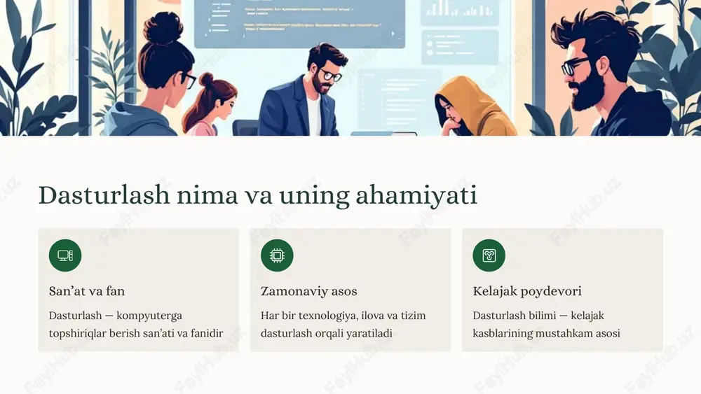 r • faqat ikki qiymat: true yoki false • ha/yo‘q, to‘g‘ri/noto‘g‘ri holatlari • shartli operatsiyalarda ishlatiladi bool talaba = true; kod misoli: o‘zgaruvchilarni e’lon qilish // turli xil o'zgaruvchilarni e'lon qilish string ism = "aziza"; int yosh = 20; double buyi = 1.65; bool talaba = true; // ma'lumotlarni chiqarish print("ism: $ism"); print("yosh: $yosh"); print("bo'yi: $buyi metr"); print("talabami: $talaba"); 4 turli xil tur bir kodda ishlatildi 100% ishlash kafolati dartpad da sinab ko'ring slayd 1 slayd 2 slayd 3 slayd 4 slayd 5 slayd 6 slayd 7 slayd 8 slayd 9