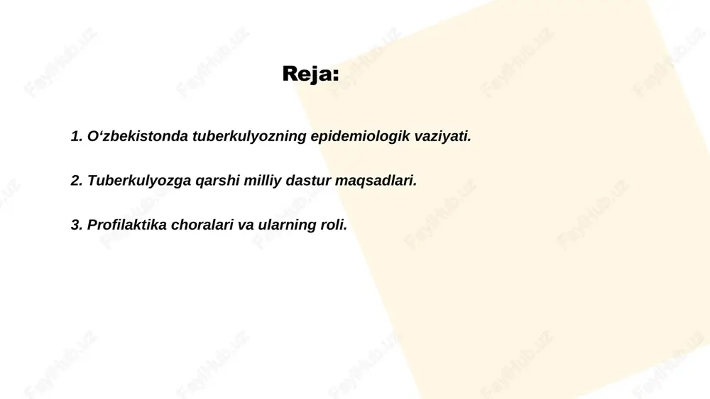 dini olishga qaratilgan. muntazam ravishda jismoniy mashqlar bajarish, chekish va spirtli ichimliklarni iste’mol qilishni kamaytirish hamda sog‘lom ovqatlanish muhimdir. har yili grippga qarshi emlatish orqali infeksion kasalliklar xavfini kamaytirish mumkin. 2019-yilda o‘zbekistonda 60% odamlar muntazam tibbiy ko‘rikdan o‘tgan. statistika ko‘rsatishicha, davriy tibbiy ko‘riklarga qatnashgan kishilar orasida kasalliklar 30% kamroq aniqlangan. sanitariya-gigiyena qoidalariga rioya qilish, xususan qo‘llarni yuvish va toza suvdan foydalanish orqali, yuqumli kasalliklar xavfini kamaytirish mumkin. profilaktik choralarning ommaviy qo‘llanishi, jamoatchilik salomatligini sezilarli darajada yaxshilashga yordam beradi. ... t.me/slaydai_bot 4. ilgʻor diagnostika usullarini joriy etish. 4. ilgʻor diagnostika usullarini joriy etish, tibbiyotda xatoliklarni kamaytirish va samaradorlikni oshirishga qaratilgan. zamonaviy texnologiyalar yordamida mri, kt va ultratovush kabi usullar aniqlikni taʼminlaydi. masalan, mri 85% aniqlik bilan turli kasalliklarni tashxislash imkonini beradi. kt tekshiruvlari sogʻliq muammolarini aniqlashda 90% muvaffaqiyat beradi. raqamli rentgenologiya va laboratoriya avtomatizatsiyasi orqali nafaqat vaqt, balki xarajatlar ham tejaladi. ushbu usullar orqali diagnostika jarayonlari o‘rtacha 30% tezlashishi mumkin. shu …