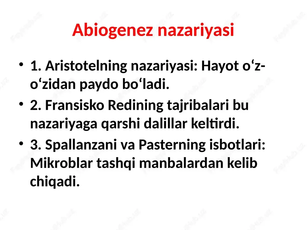nlarini simulyatsiya qilish. 3. issiq manbalar va gidrotermal ventlar tadqiqoti: hayotning suv ostida boshlanish ehtimoli. hali yechilmagan muammolar 1. hayotning dastlabki molekulalari qanday paydo bo‘lgan? 2. oddiy molekulalardan murakkab hujayralarning hosil bo‘lish mexanizmi. 3. dnk, rnk va oqsillar o‘rtasidagi murakkab bog‘liqlik qanday shakllangan? xulosa hayotning kelib chiqishi hali to‘liq tushunilmagan, ammo ilmiy tadqiqotlar yangi yo‘nalishlarni ochmoqda. zamonaviy texnologiyalar orqali hayotning sirlarini ochishga yaqinlashmoqdamiz.