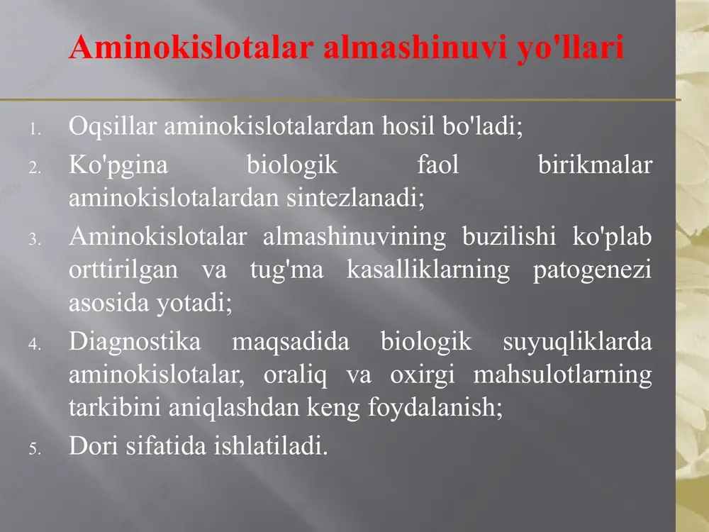lin val 5.97 leytsin leu 5.98 prolin pro 6.10 fenilalanin phe 5.88 triptofan try 5.88 aminokislotalarning olinish usullari shtekker – zelinskiy sintezi. aminokislotalarning olinish usullari malon kislotaning bromlanishi natijasida. aminokislotalarning kimyoviy xossasi sifat raksiyasi biuret reaksiyasi ( mis (ii) gidroksidi bilancu(oh)2 ) ningidrin reaksiyasi. aminokislotalarning kimyoviy xossasi sifat reaksiyasi ksantoprotein reaksiyasi pepsinogen peptid pepsin oligopeptidlar oshqozon rn 1,5 – 2,0 hci pepsin oqsil h2n sh s nh glu asp tir fen sh r s o o soon oqsillarni parchalanishi (oshqozon) 12 protein hazm qilinishi (ingichka ichak) tripsinogen peptid tripsin enteropeptidaza (sekin) tripsin(tez) peptid peptid peptid ximotripsin karboksipep- tidaza a, v ximotripsinogen prokarboks -peptidaza a, b elastaza proelastaza ichakdagi oqsillarni parchalanishi oqsil aminokislotalar dipeptidlar tripeptidlar aminokislotalar shlak aminopeptidaza dipeptidaza tripeptidaza h2n ch – c – nh – ch – c – nh – ch – c – nh – ch – c – nh – ch – c – nh – …